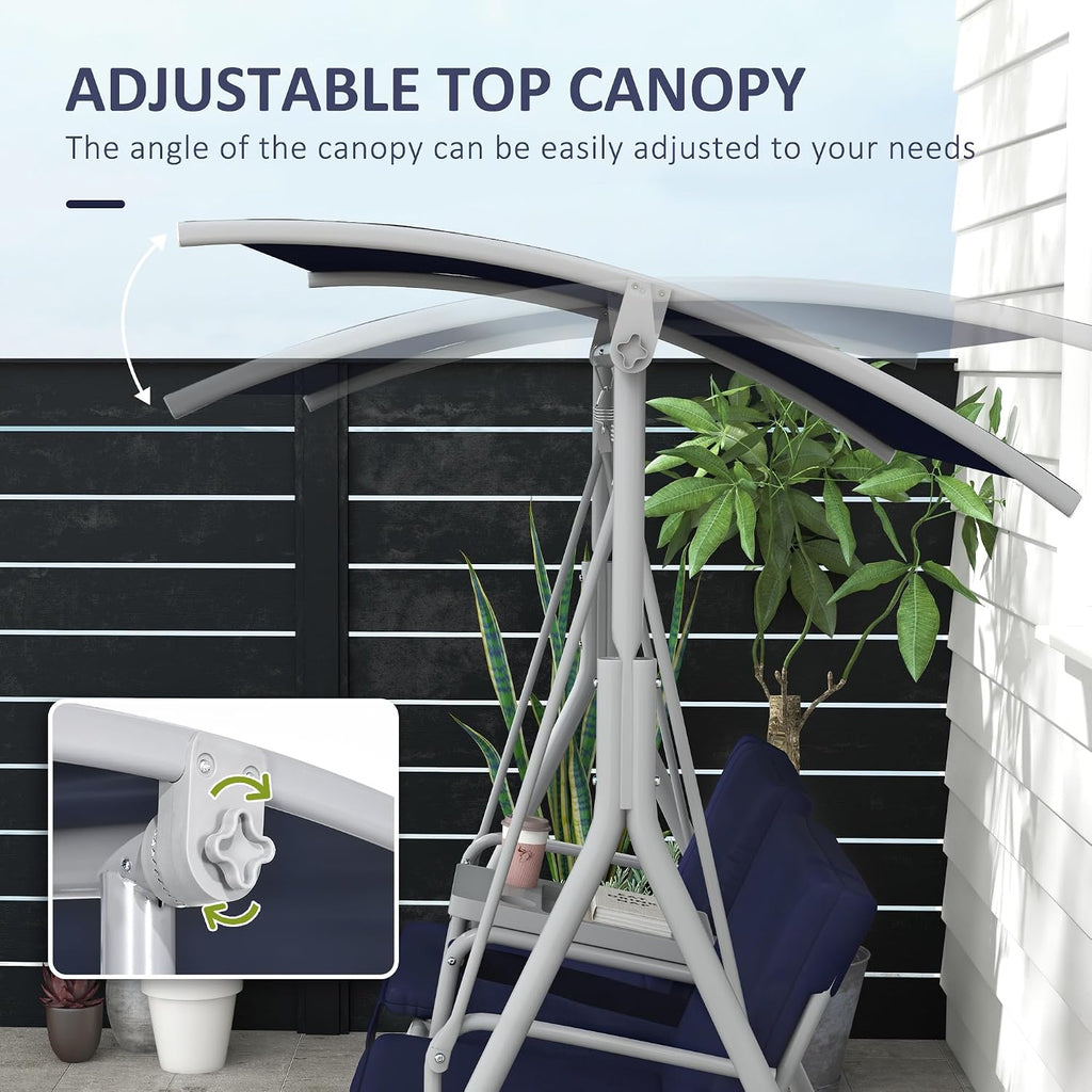 Outsunny 2 Person Porch Swing with Stand, Outdoor Swing with Canopy, Pivot Storage Table, 2 Cup Holders, Cushions for Patio, Backyard, Dark Blue