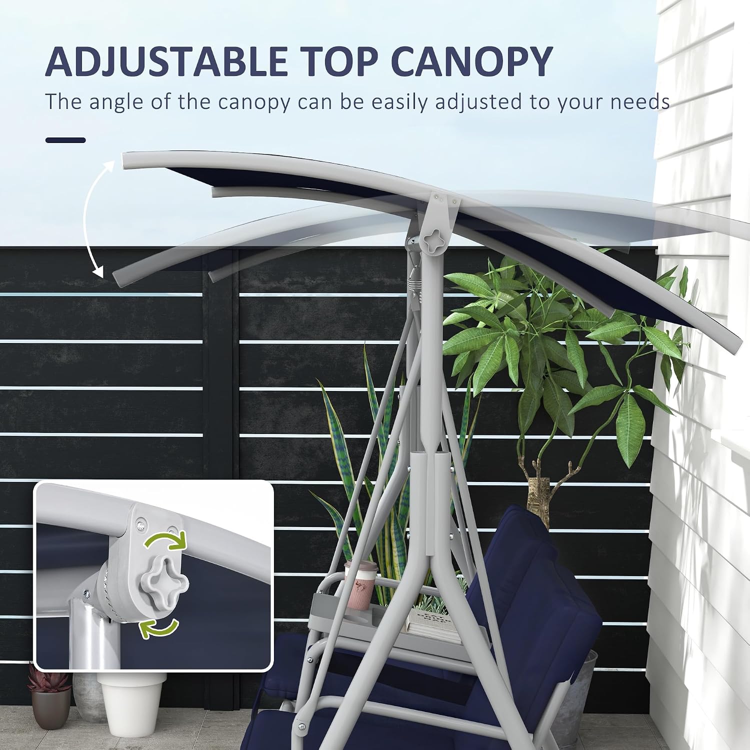Outsunny 2 Person Porch Swing with Stand, Outdoor Swing with Canopy, Pivot Storage Table, 2 Cup Holders, Cushions for Patio, Backyard, Dark Blue