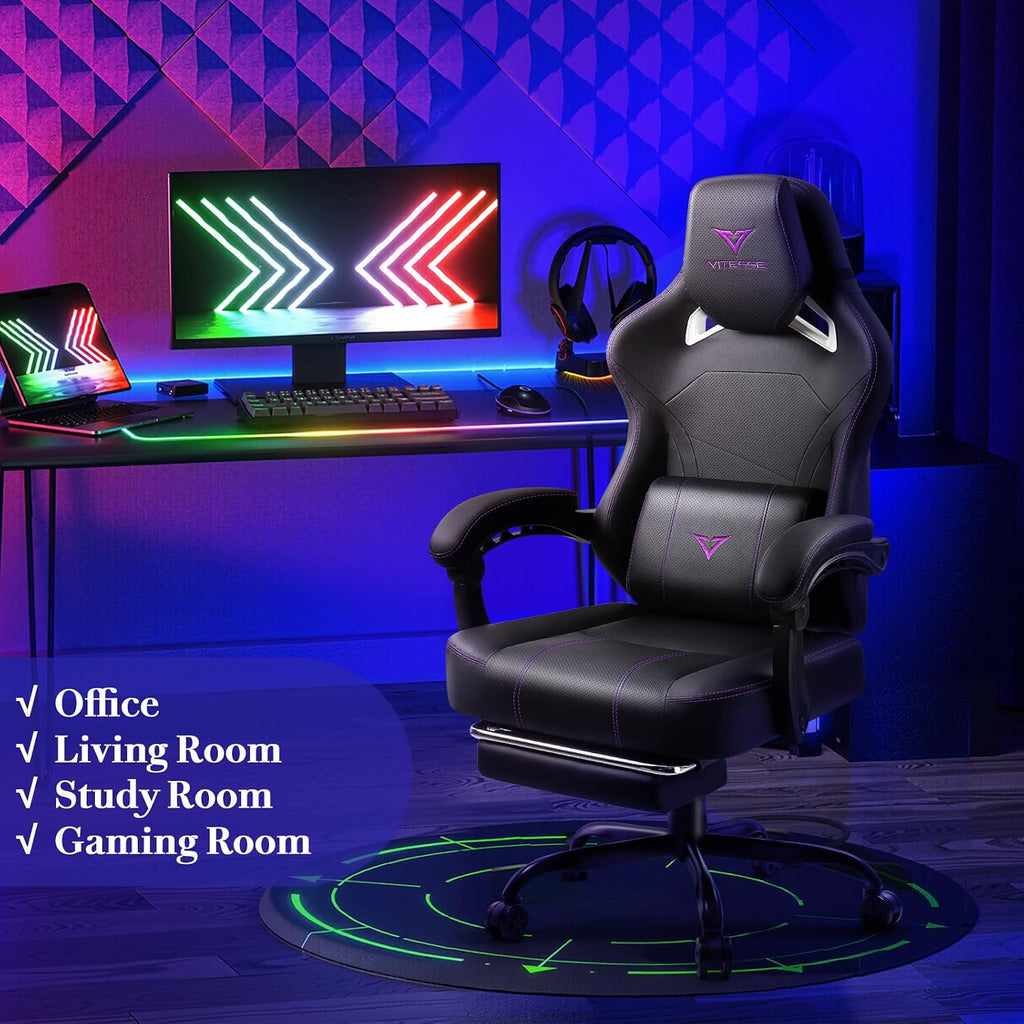 Waleaf Big and Tall Gaming Chair for Adults with Footrest, 400lbs Weight Capacity Video Game Chairs for Office, Ergonomic Computer Gaming Chair with Lumbar Support and Headrest (Purple)