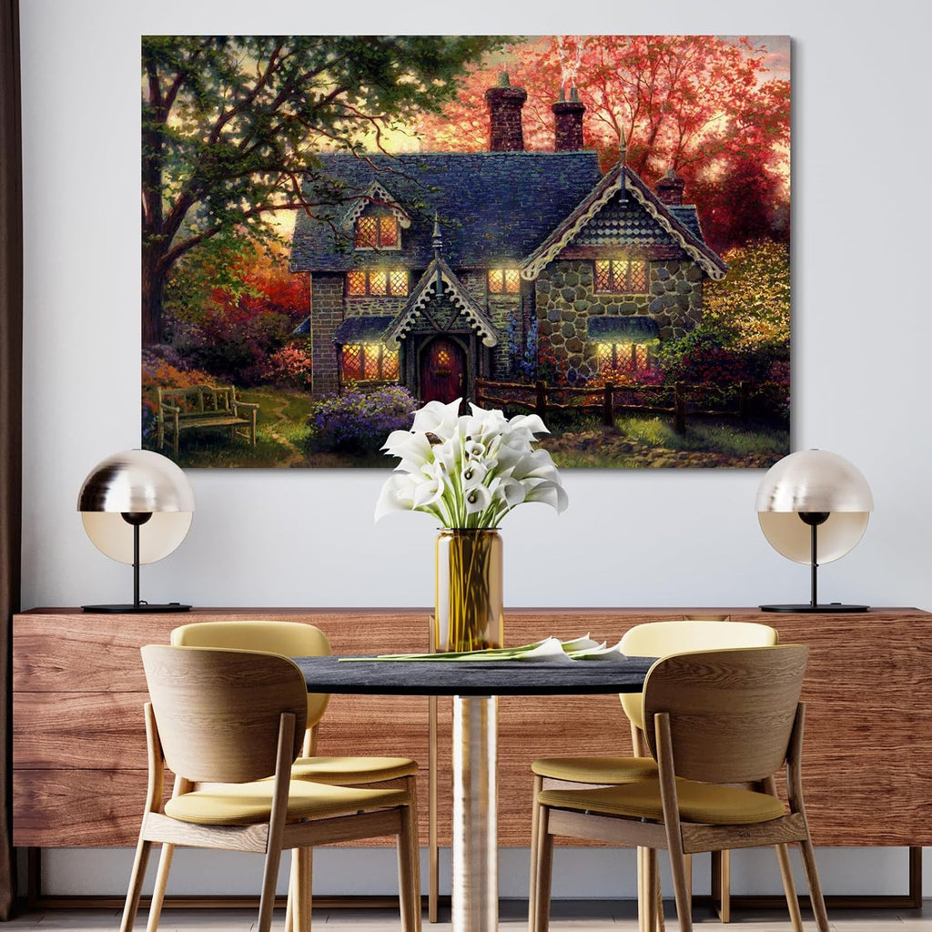 STUDIO HAVEN Thomas Kinkade Canvas Wall Art, Autumn Evening Flower Garden Cozy Glow and Wooden Bench Oil Painting Poster Rustic Landscape Wall Decor, Framed Prints for Home Decor, 48x32Inch