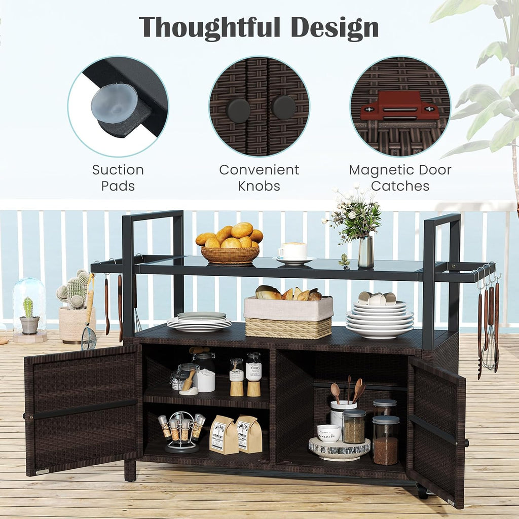 Tangkula Outdoor Bar Cart, Patiojoy Rolling Wicker Buffet Serving Cart with Tempered Glass Top, Storage Cabinet & 8 Hooks, Kitchen Island Cart on Wheels for Porch Backyard Garden Poolside (Mix Brown)