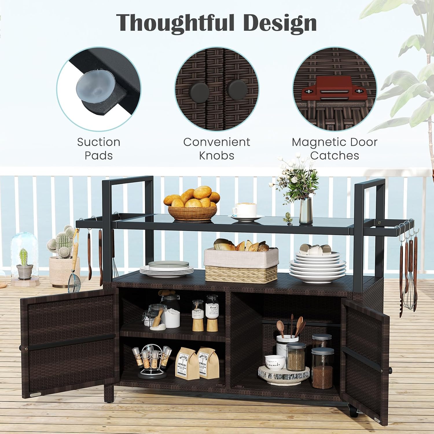 Tangkula Outdoor Bar Cart, Patiojoy Rolling Wicker Buffet Serving Cart with Tempered Glass Top, Storage Cabinet & 8 Hooks, Kitchen Island Cart on Wheels for Porch Backyard Garden Poolside (Mix Brown)