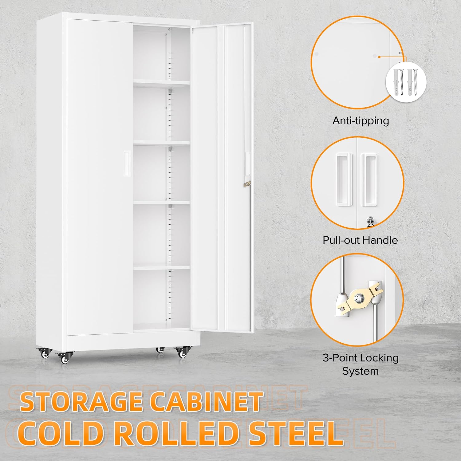 Superday Garage Storage Cabinet with Wheels，73' H Metal Storage Cabinet with Doors and Adjustable Shelves, Lockable Steel Utility Tool Cabinets for Garage, Home Office, Kitchen(White)
