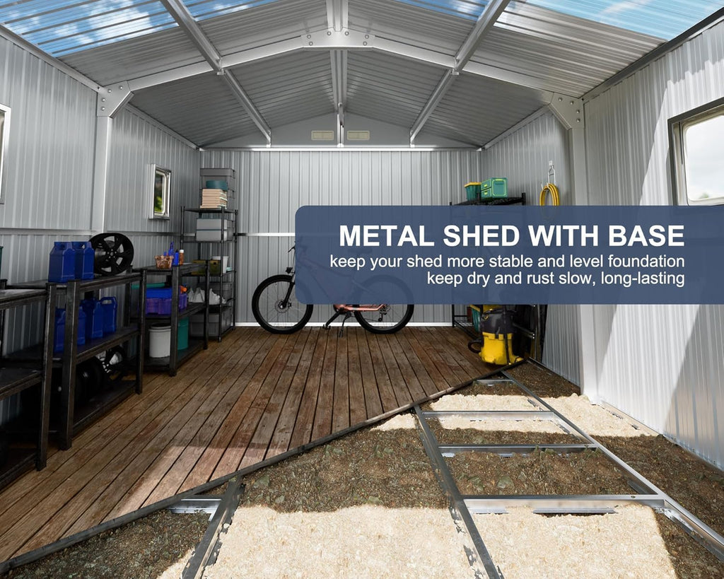 Restland 10x12 FT Outdoor Storage Shed with Floor Base Frame Metal Garden Shed with Clear Roof, Air Vent & Lockable Door Large Tool Storage House for Backyard, Garden, Lawn