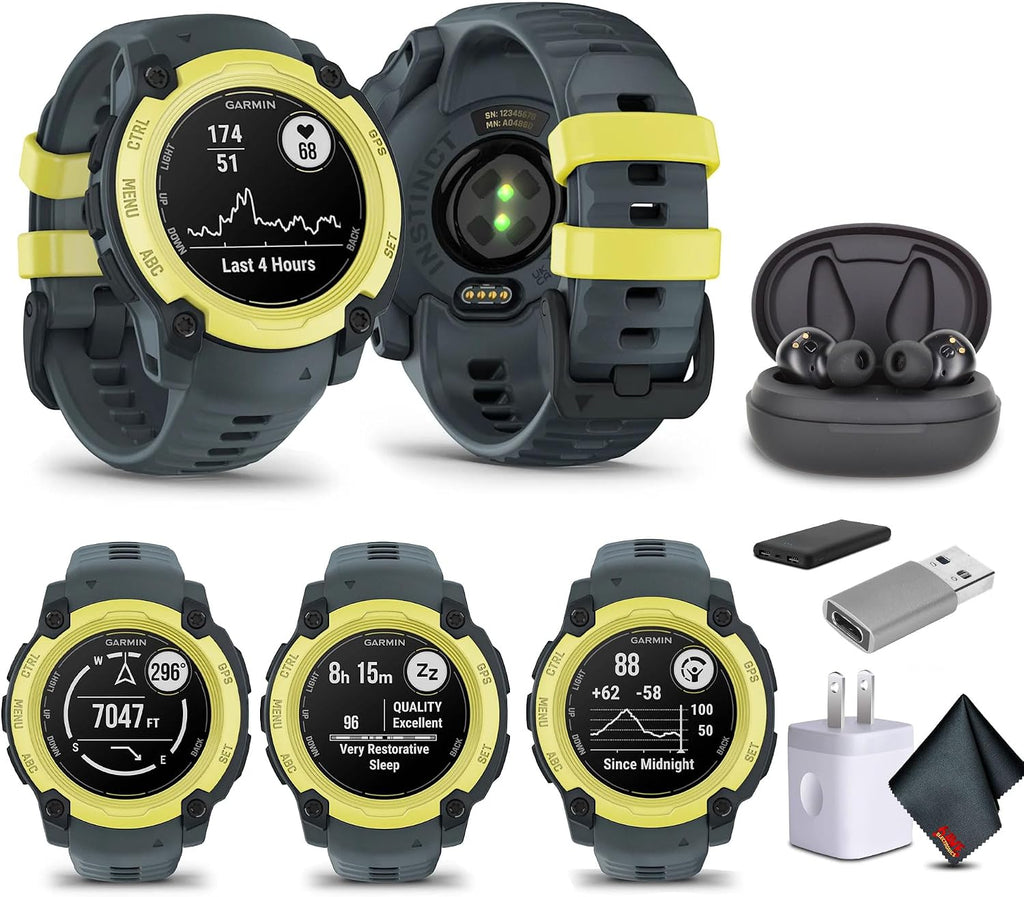 Garmin Instinct E 40mm, Outdoor GPS Smartwatch, 24/7 Health Monitoring, Up to 14 Days of Battery Life, Electric Lime/Twilight (010-02932-01) with Earbuds Bundle