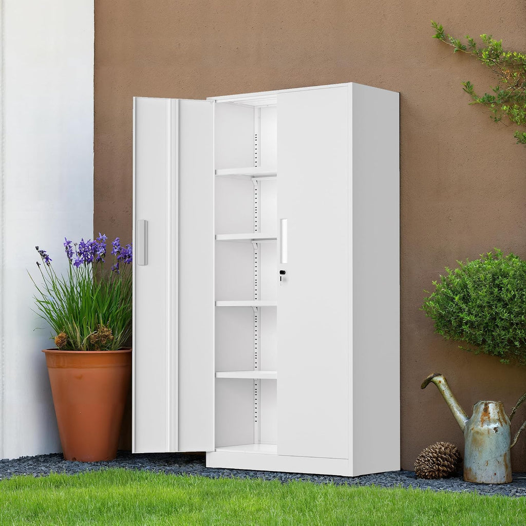 Incbruce 72' H x16 D Patio Metal Storage Cabinet, Outdoor Storage Cabinet with Doors and Adjustable Shelves, Tool Shed for Home, Patio, Office (White)