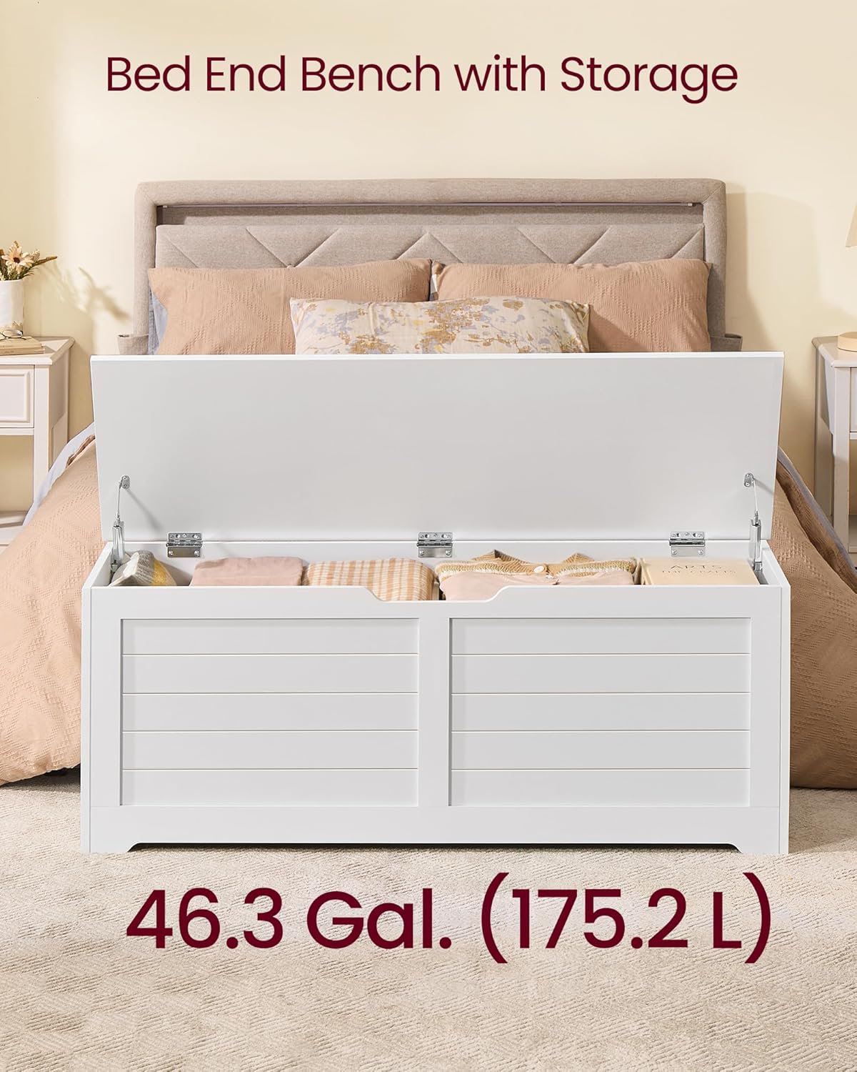 VASAGLE Storage Chest, Storage Bench with 2 Safety Hinges, Farmhouse Style, 15.7 x 47.2 x 18.1 Inches, for Entryway, Bedroom, Living Room, Cloud White ULSB065W01