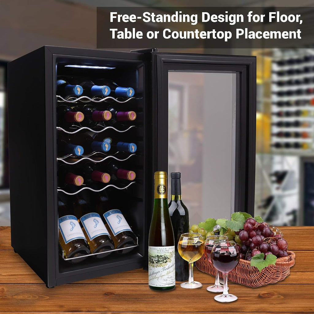 NutriChef Compressor Refrigerator White & Red Chiller Countertop Cooler-Freestanding Compact Mini Wine 15 Bottle Capacity, Digital, Glass Door, Black, Quiet Operation Fridge Touch Temperature Control