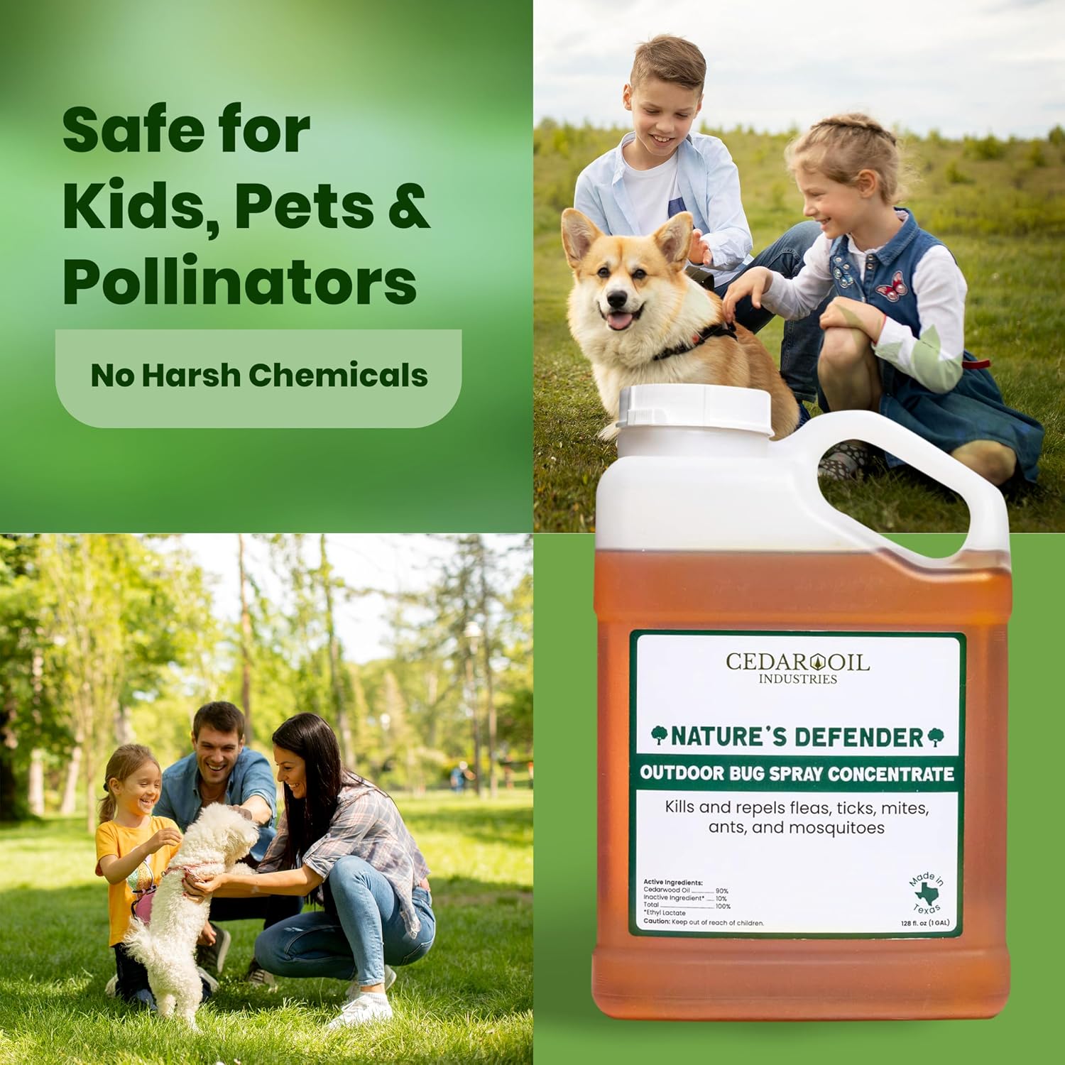Nature's Defender Outdoor Pest Control Spray – All-Natural Cedarwood Oil Formula for Mosquitoes, Ticks, Fleas, and Ants – Safe for Pets, Kids, & Plants – 128 oz (1Gal) Concentrate Treats 160,000 sq.ft