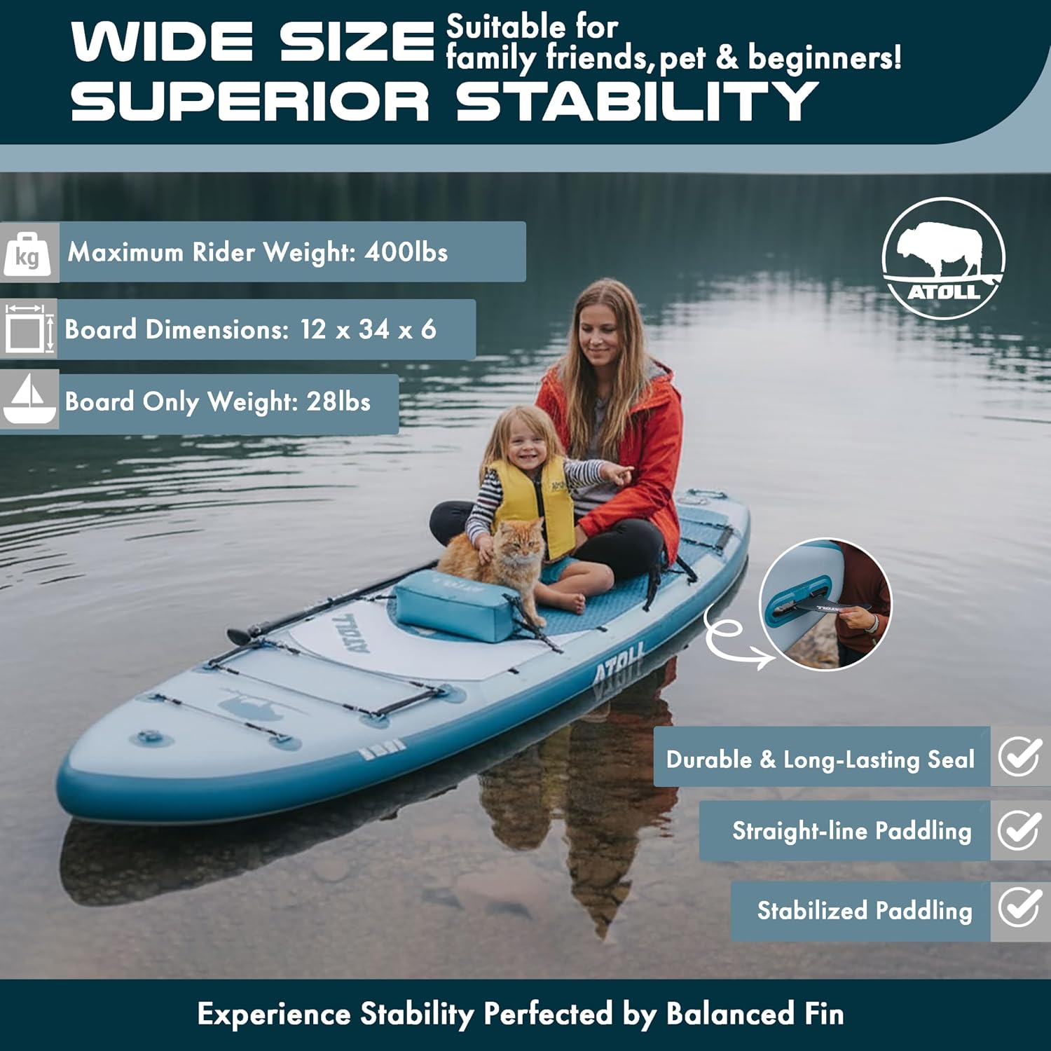Atoll New 12ft Outrider Inflatable Stand Up Paddle Board | Extra Wide ISUP for Adults, Fishing, Touring & All Adventures | Stable 34' Paddle Board with Accessories, Dual Layer PVC, 400lb Capacity