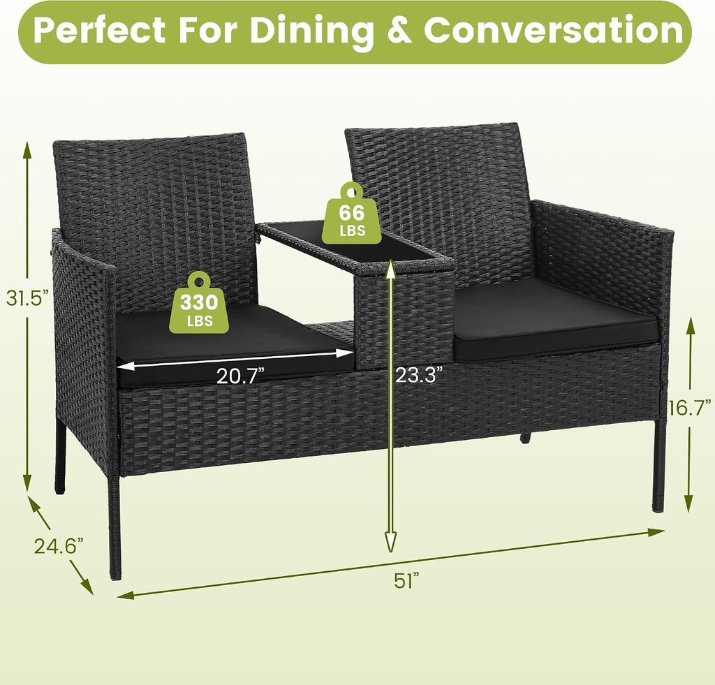 Kromax Wicker 2 Seat Patio Loveseat, Outdoor Rattan Loveseat with Table, Washable Cushion Covers, Backyard, Garden, Lawn, Black Rattan with Black Cushion