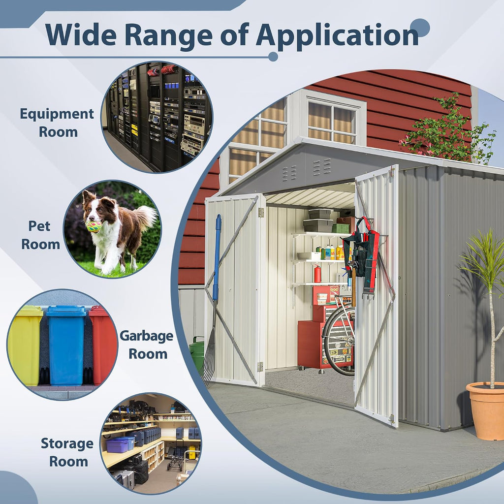 10x8 ft Outdoor Storage shed All Weather Metal Garden shed with Lockable Double Doors Tool Storage for Backyard Patio Lawn and Garden Organization Large Capacity (10x8 ft Grey)