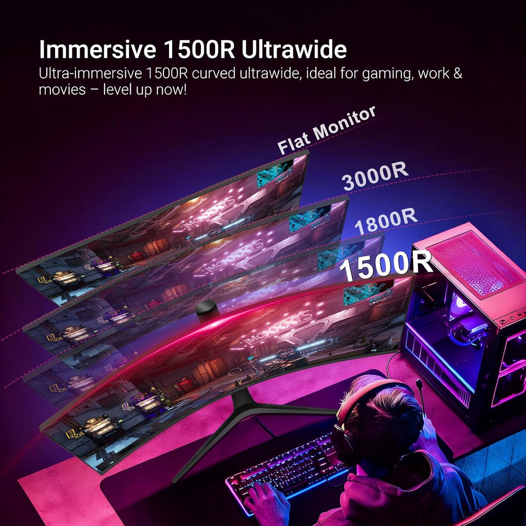 34 Inch Curved Monitor 180Hz, UWQHD 3440x1440p Ultrawide Gaming Monitor 1500R with Speaker, PIP/PBP, 4000:1 Contrast, sRGB126%, HDR, FreeSync & G-SYNC, 1ms(MPRT), HDMI/DP Port, Adjustable Stand, VESA