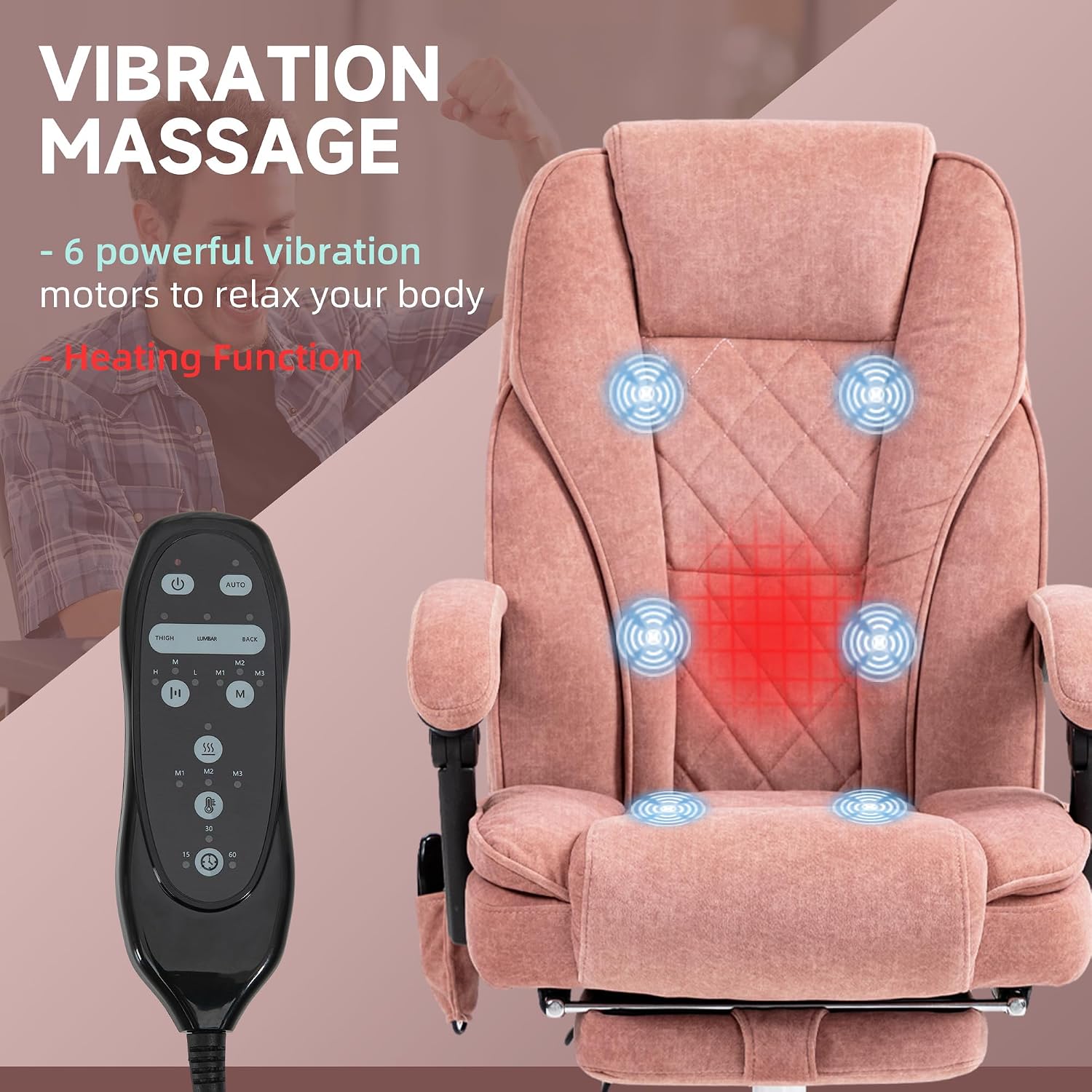 Vinsetto Massage Office Chair with Foot Rest, Executive Computer Desk Chair with 6 Vibration Point and Heat, Reclining Backrest, Swivel Wheels, Adjustable Height, Pink