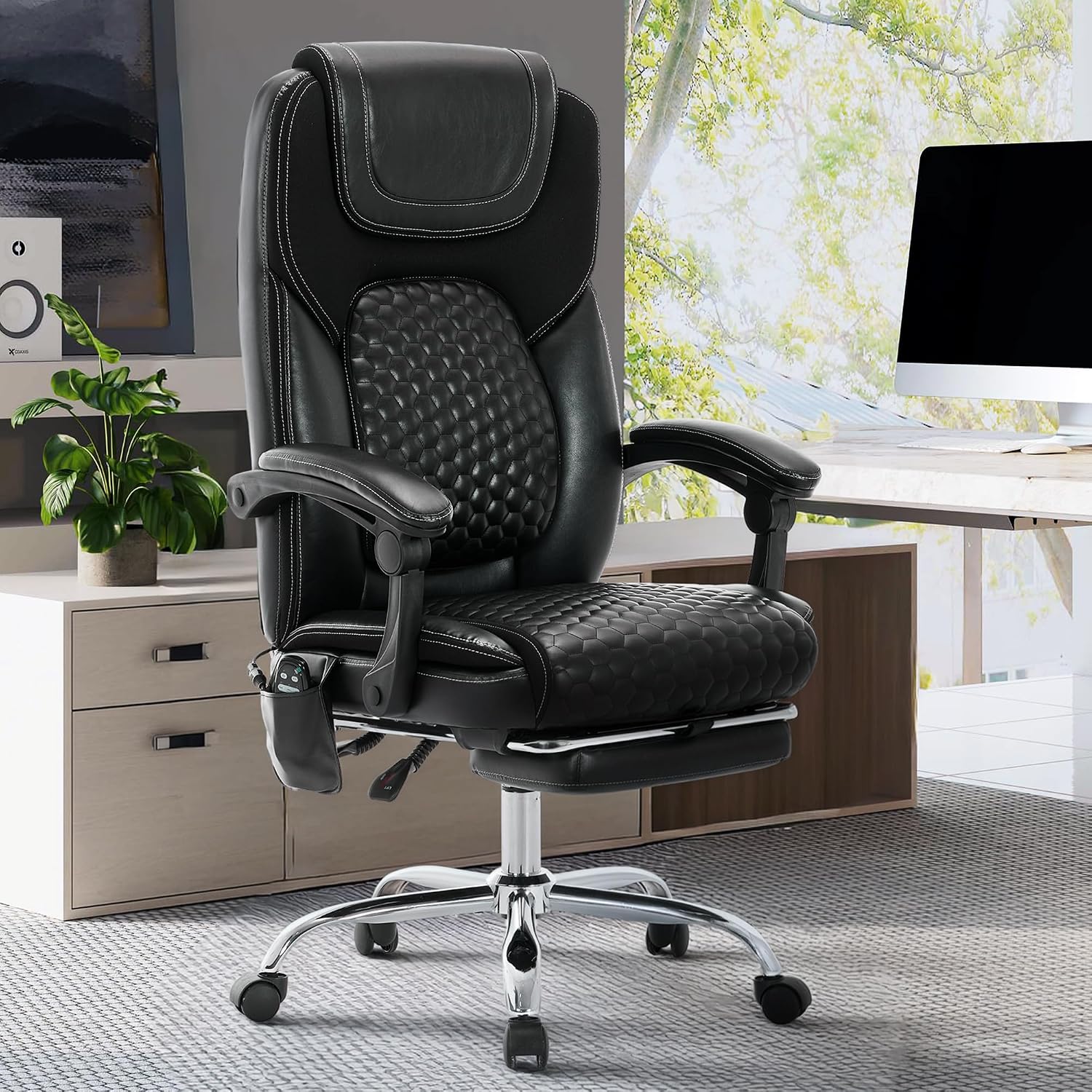 MALOL Massage Office Chair with Heat and Footrest - 3-Level 65°C Targeted Heating, 20-Min Assembly Leather Desk Chair, Big and Tall Executive Computer Chair with Side Pocket, 300 lbs, Black,Set of 2