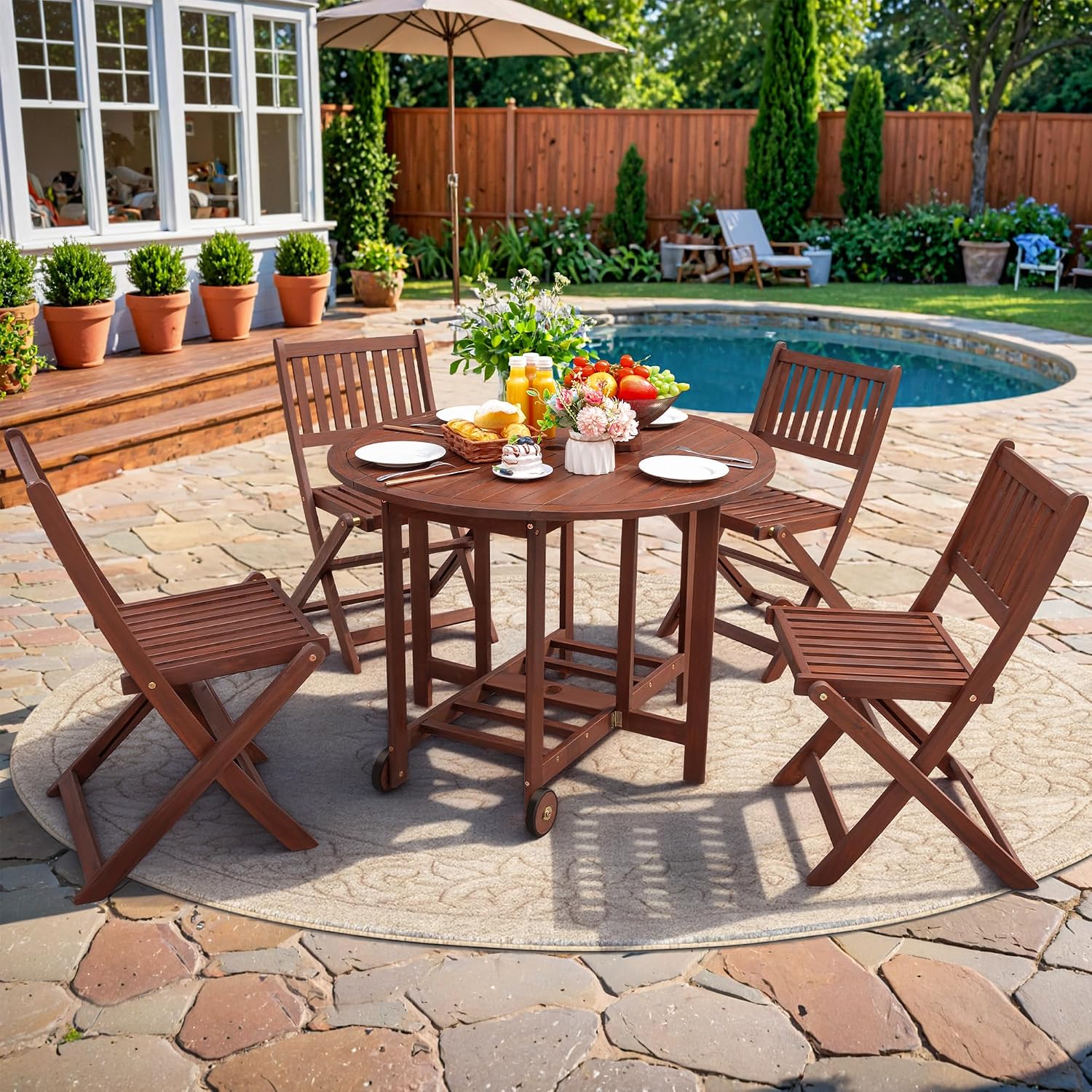 Greesum 5 Piece Patio Folding Furniture Bistro Set All-Weather Outdoor Conversation Round Table and Chairs for Pool Beach Backyard Balcony Porch Deck Garden, Dark Brown