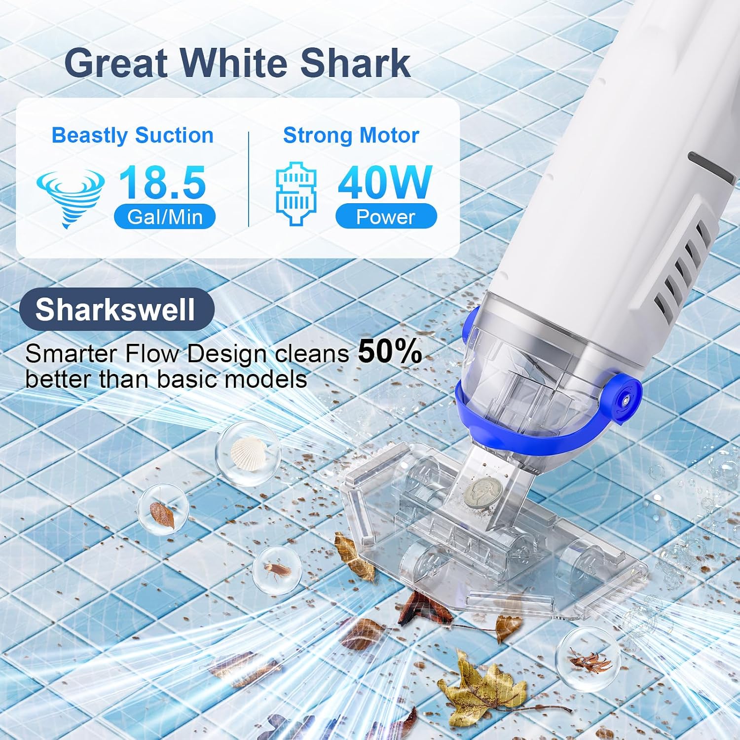 Upgraded Cordless Pool Vacuum with Telescopic Pole, 60 Min Powerful Suction & Transparent Head, Rechargeable Handheld Cleaner for Above Ground Pools, Inground Pools, Hot Tubs and Spa