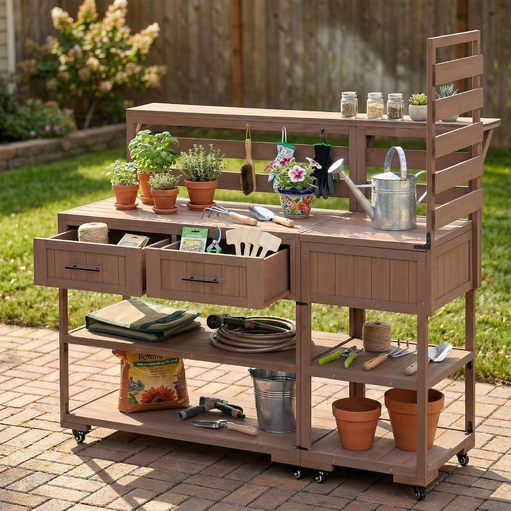 62.3'' Patio Kitchen Island, Solid Wood Kitchen Cart with Stainless Table Top, Garden Potting Bench with Raised Shelf and Drawers, Grill Prep Table for BBQ, Party (Brown-62.3'')