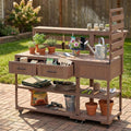 62.3'' Patio Kitchen Island, Solid Wood Kitchen Cart with Stainless Table Top, Garden Potting Bench with Raised Shelf and Drawers, Grill Prep Table for BBQ, Party (Brown-62.3'')