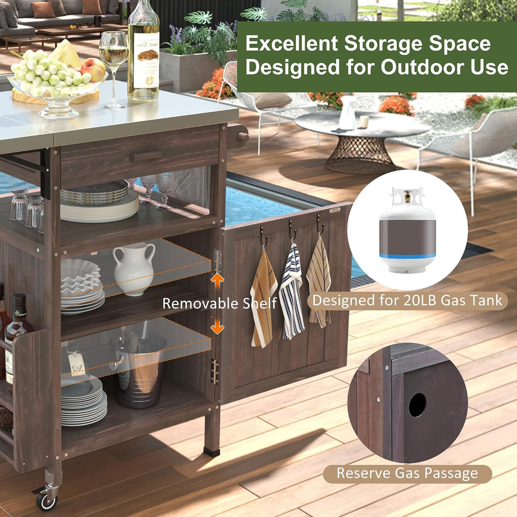 LUMISOL Outdoor Grill Cart with Stainless Steel Top, 40.5' Outdoor Rolling Kitchen Island with Drop Leaf, Drawer and Towel Rack, Outdoor Storage Cabinet with Lockable Wheels, Brown