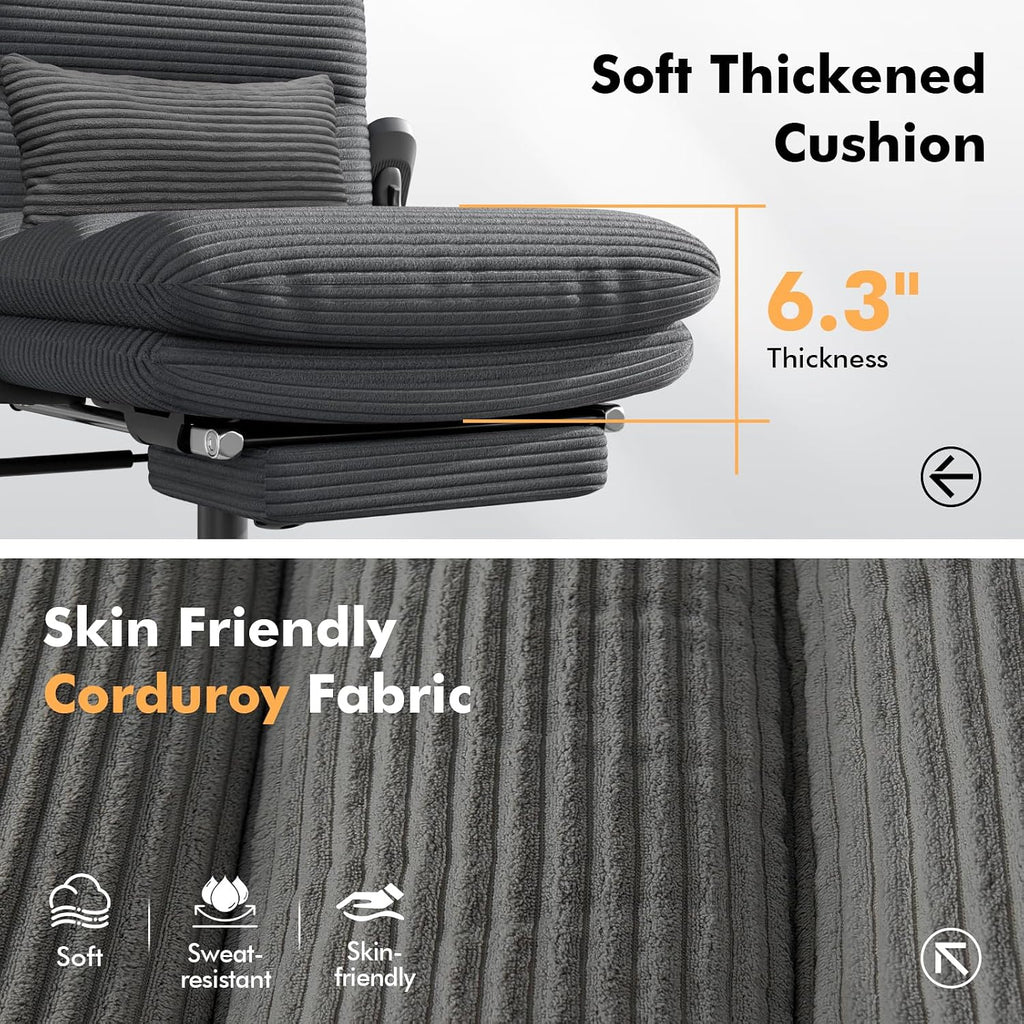 GXJ Criss Cross Chair with Flip-up Arms, Executive Office Chair with Foot Rest, Cross Legged Office Chair G800 Plus, Extra Lumbar Pillow, Corduroy Comfy Computer Desk Chair for Home, Black