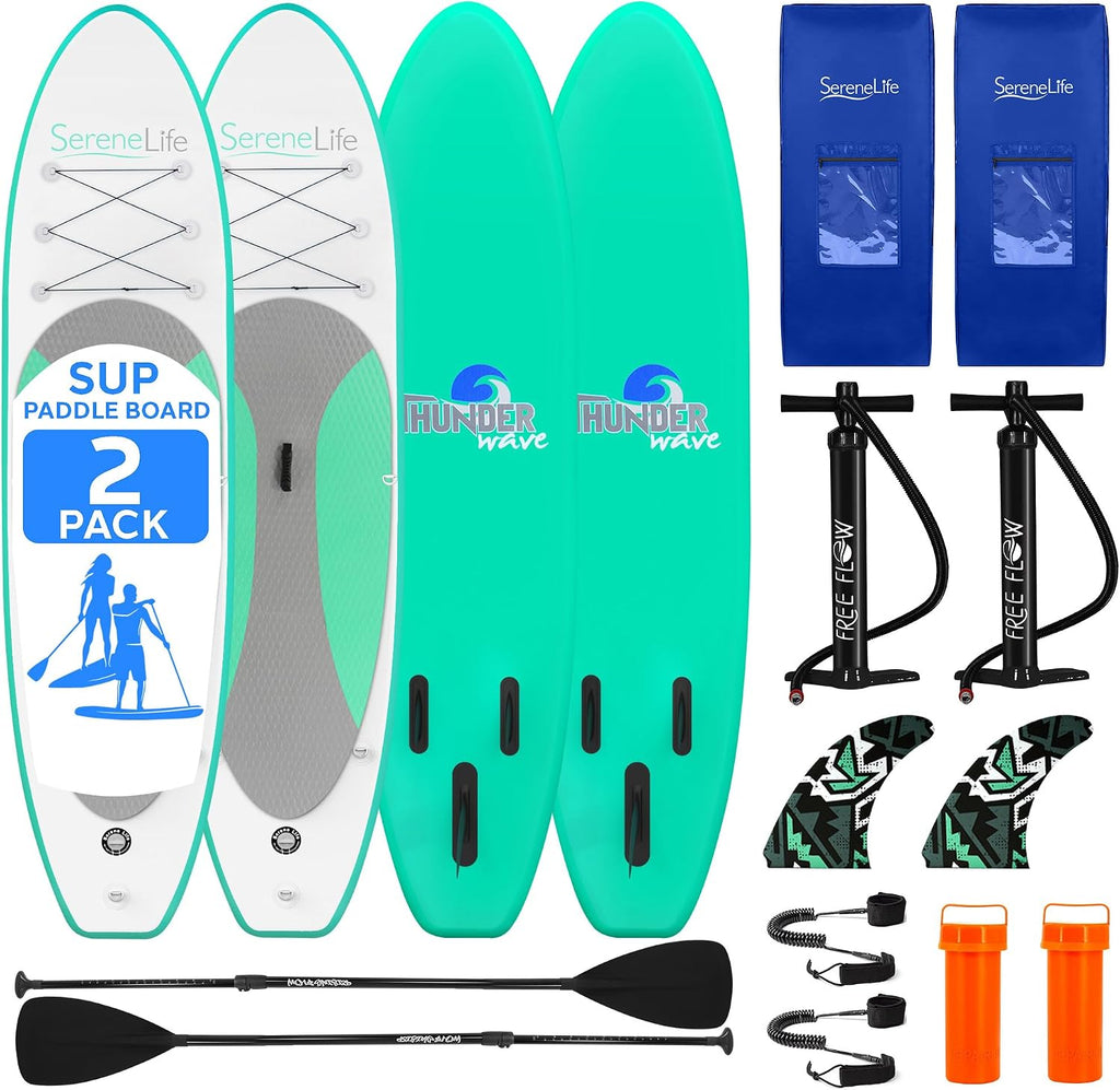 SereneLife 10' Inflatable Stand Up Paddle Board 2-Pack with Premium SUP Accessories – 32' Wide Stable Design with Non-Slip EVA Deck Pad for Youth and Adults, 350 lbs. Capacity Each