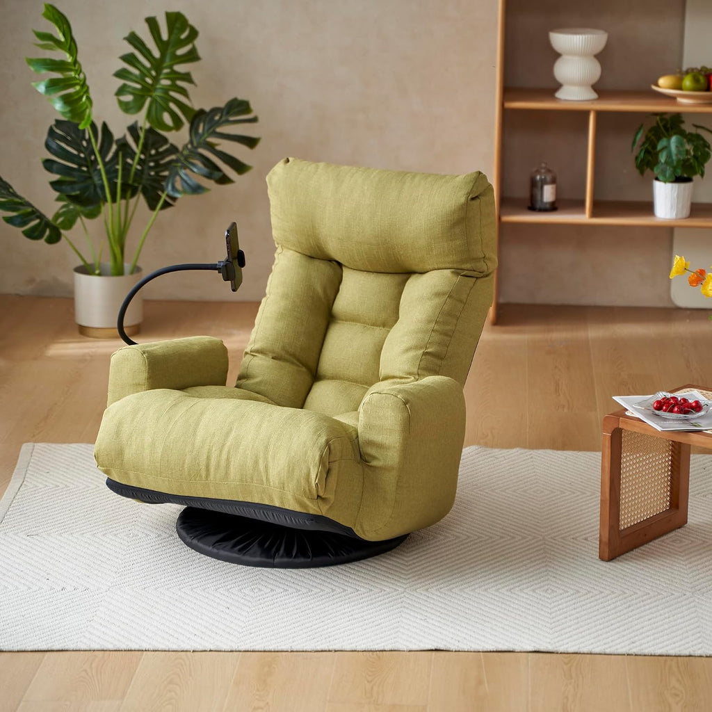 360° Swivel Floor Gaming Chair with 5 Position Adjustable, Folding Gaming Sofas with Phone Holder & Pockets, Cushion Padded Chaise Lounge Chair for Adults, Home Office Floor Leisure Chairs, Green
