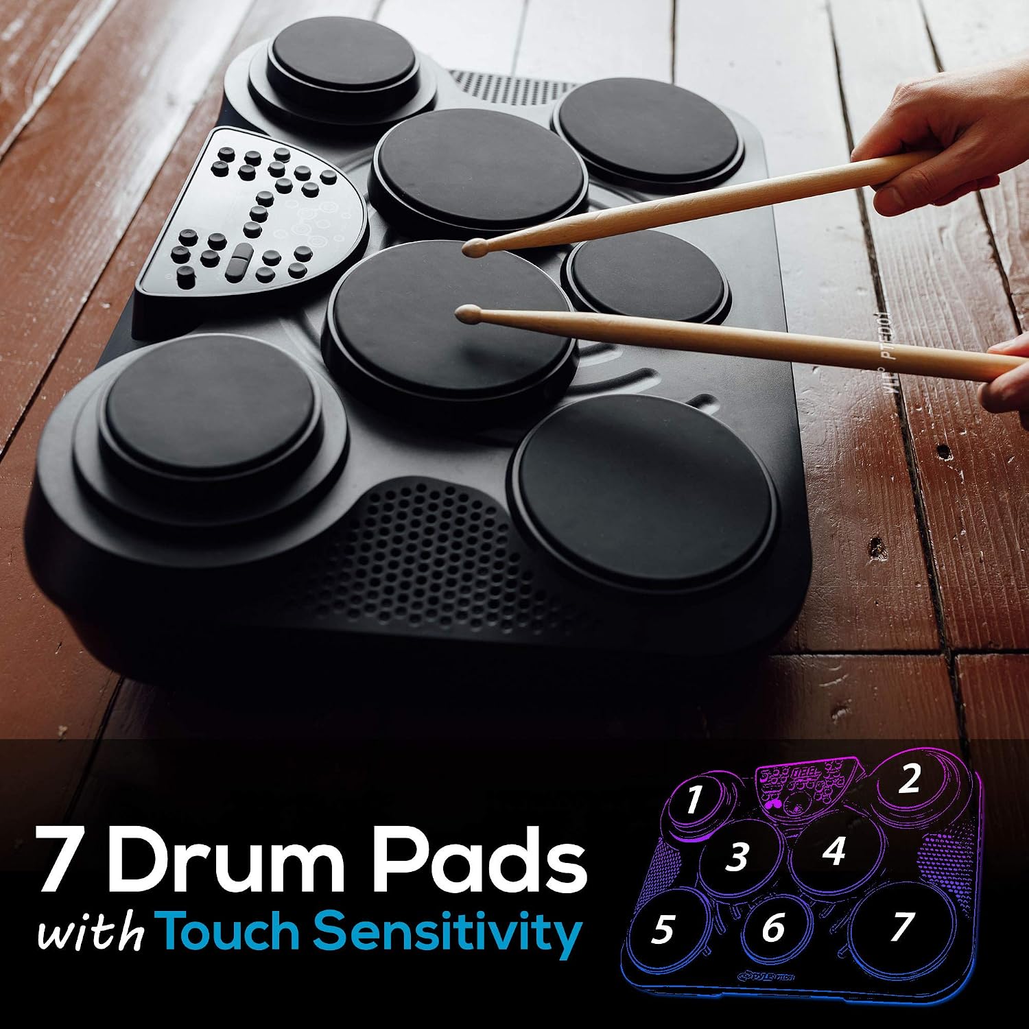 Pyle Electronic Tabletop Digital Drum Set, Compact Portable Drum Pad Kit w/ 8 Touch Sensitive Pads and Pedals, 600 Sounds, USB & Headphone Outputs, MIDI/AUX Inputs, 4x5' Drums & 4x3.5' Cymbals