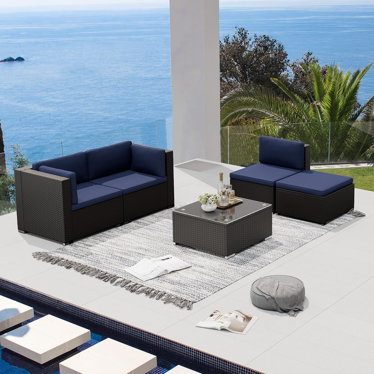 Oakcloud 5-Piece Outdoor Patio Furniture Sofa Set Black Rattan Wicker Sectional Conversation Sets with Glass Top Table and Cushions(Dark Blue)