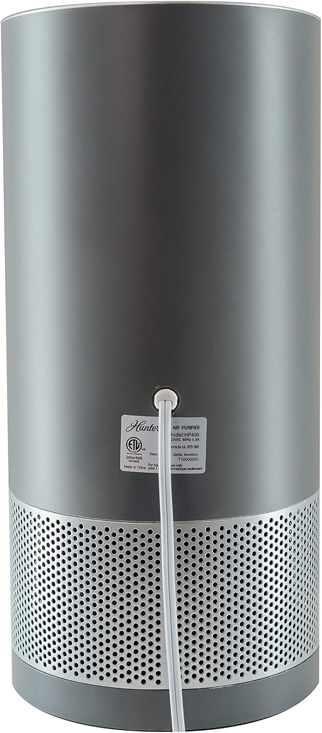 Hunter Fan Company HP400 Round Tower Air Purifier for Small Rooms, Featuring True HEPA Filtration and EcoSilver® Pre-Filter for Allergy and Asthma Relief, Gray and Silver