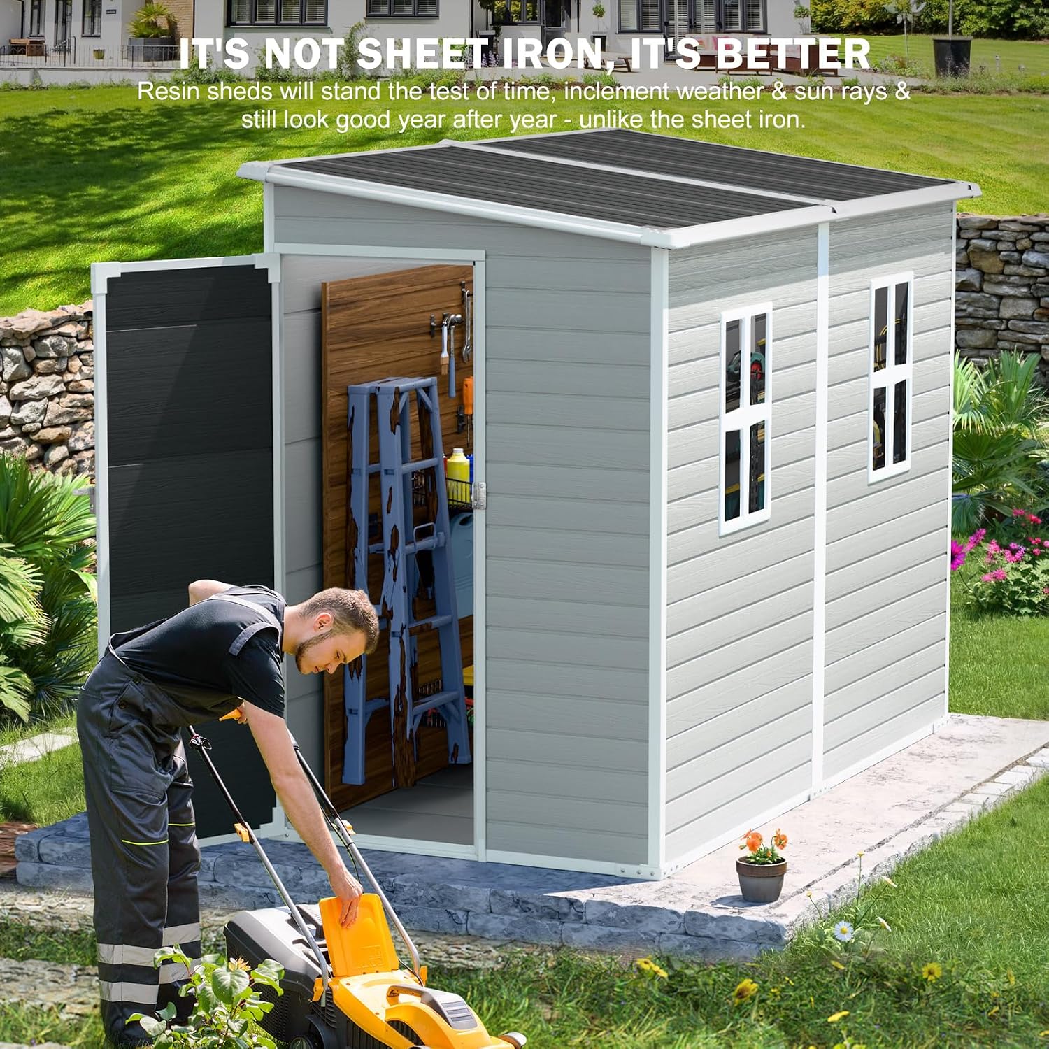 CDCASA 4x8 FT Resin Lean to Shed, Waterproof Outdoor Storage Shed with Floor, Plastic Tool Shed for Outside, Backyard, Patio, Poolside, Bike, Grey