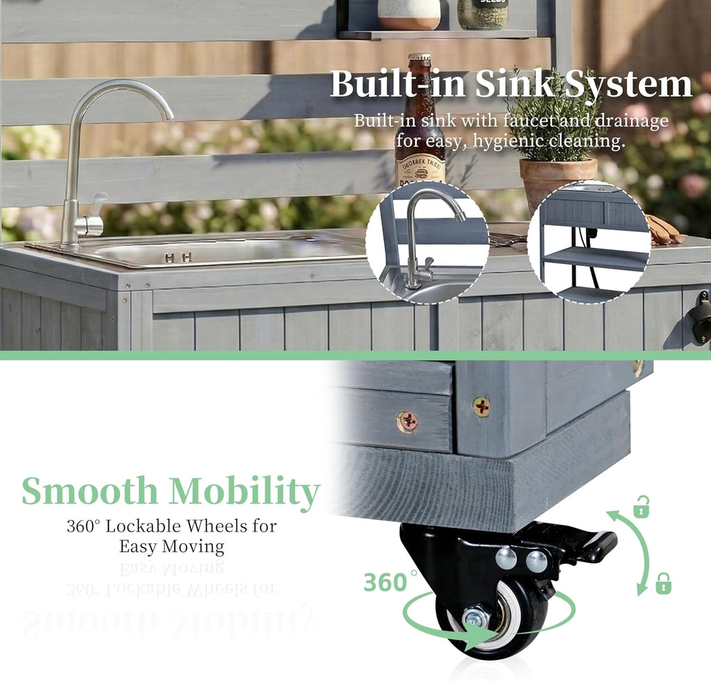 LUMISOL Garden Potting Bench Table with Stainless Table Top, Outdoor Rolling Kitchen Cart with Sink and 2 Movable Shelves, 41.7'' Large Solid Wood Garden Workstation with 1 Bottle Opener, Gray