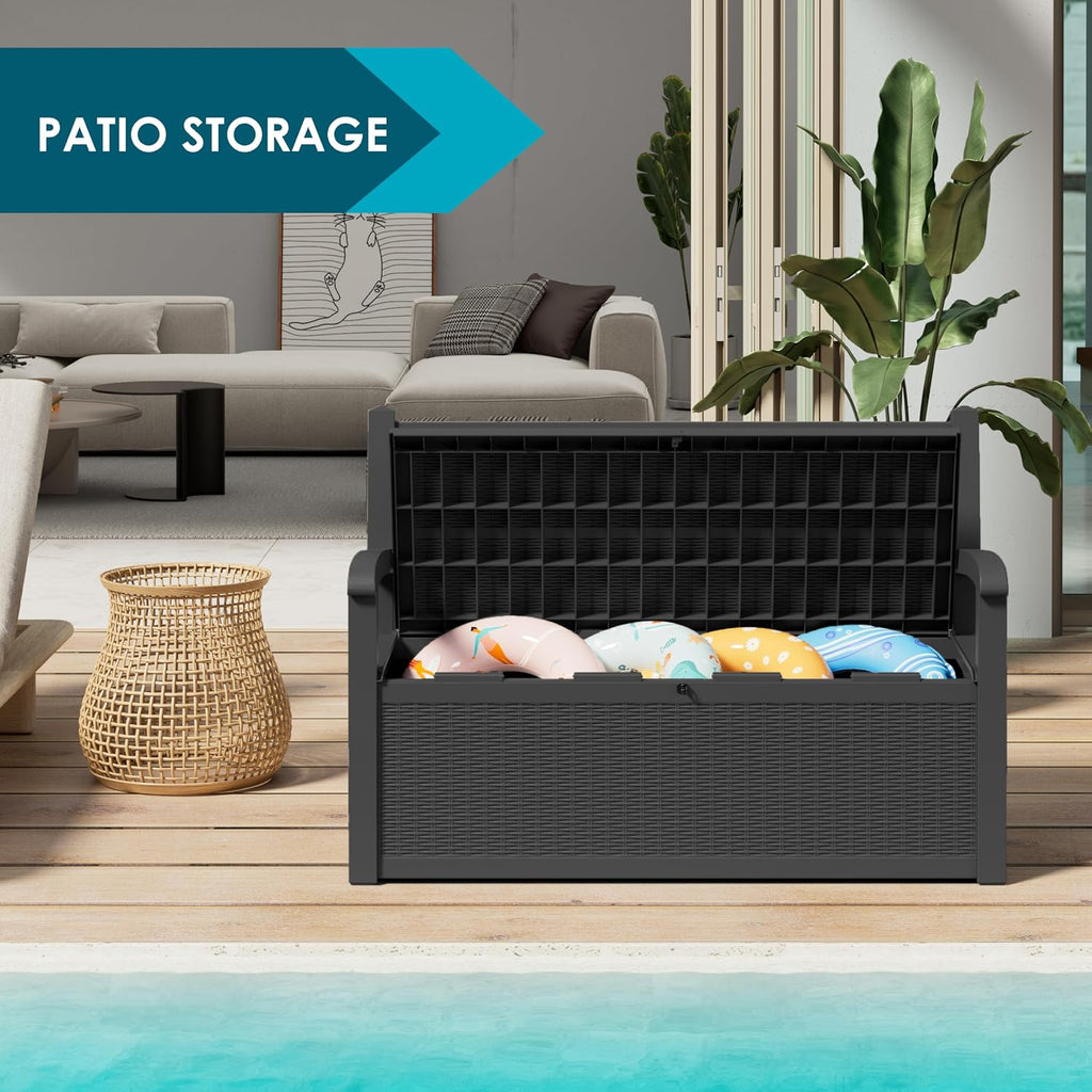 LHBGO 70 Gallon Storage Bench Deck Box for Patio Furniture with Armrest Bench Outdoor Storage
