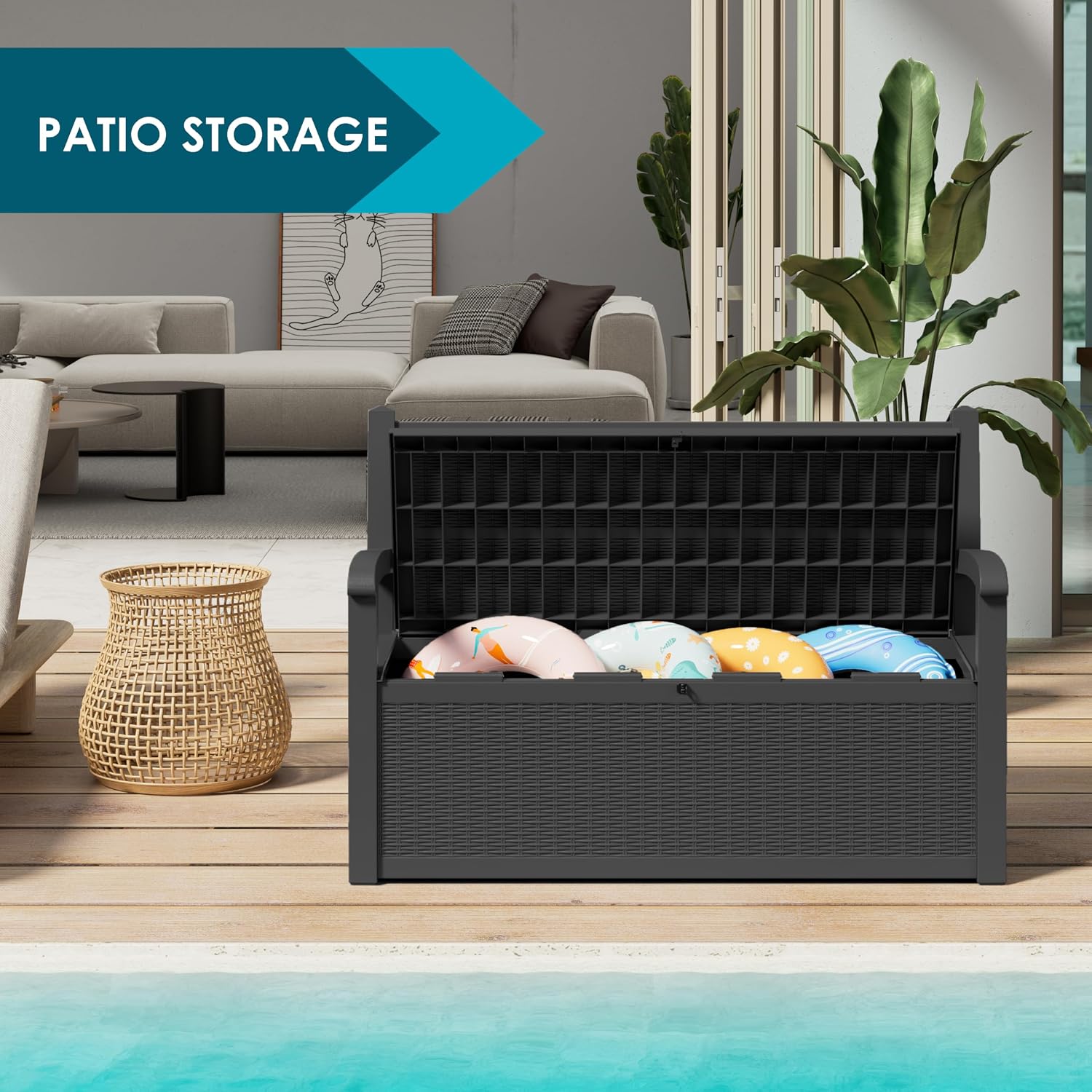 LHBGO 70 Gallon Storage Bench Deck Box for Patio Furniture with Armrest Bench Outdoor Storage