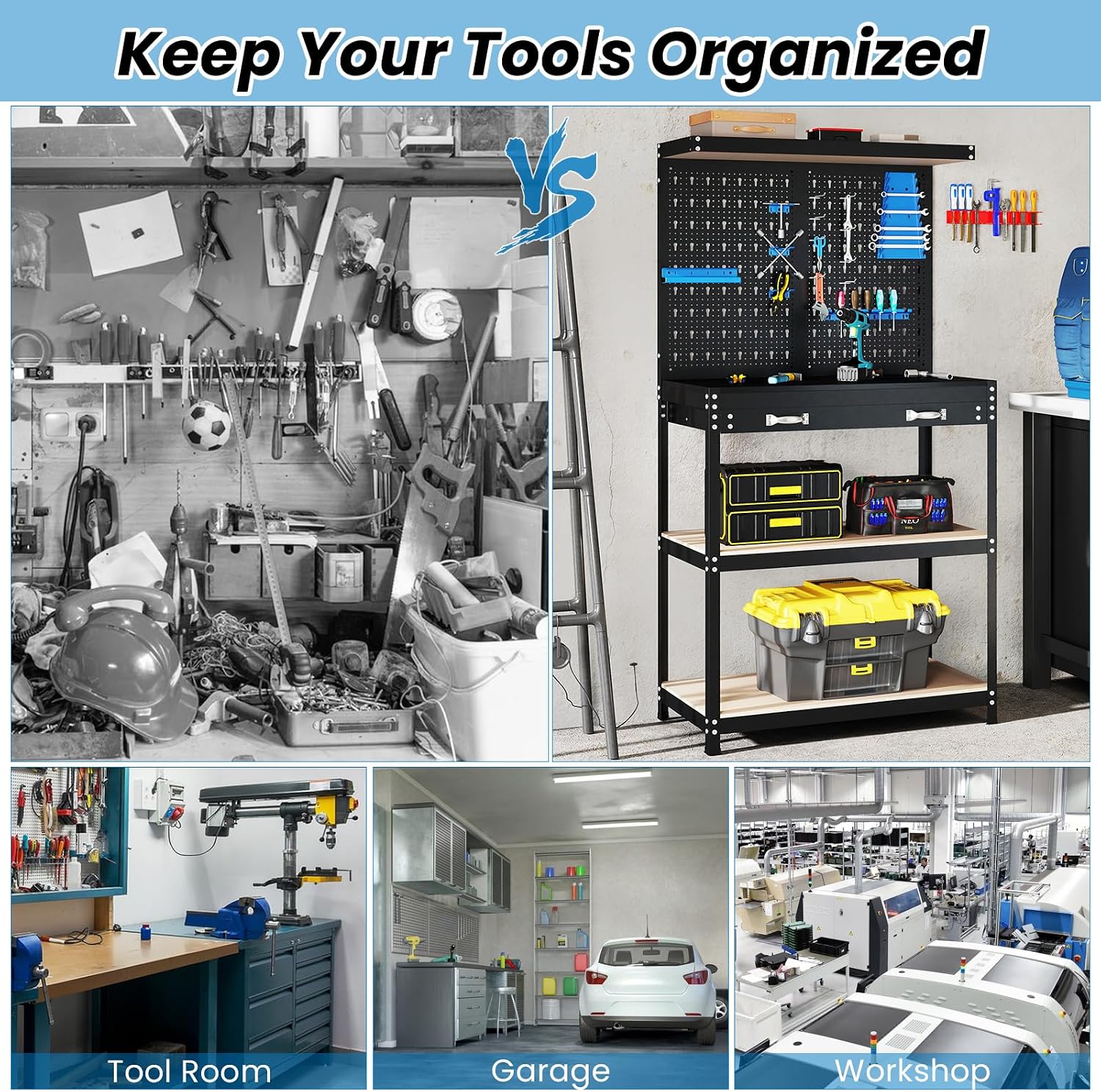 Goplus Workbench, Work Table with Drawer, Pegboard, Hanging Accessories, Topping Space, 4-Tier Heavy Duty Metal Tool Storage Bench, Work Benches for Garage, Workshop (Blue, 32' x 16' with Drawer)
