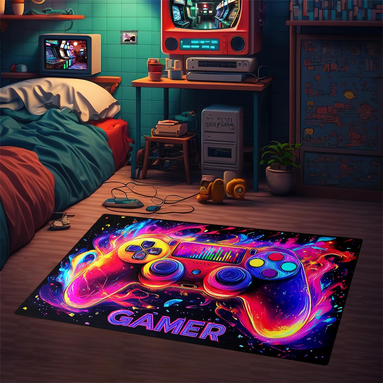 Gamer Rug for Boys Room - Gaming Rug, 6'x9' Game Controller Shape Gaming Carpet for Teens Boys Playroom Computer Chair Floor Mats Decor Game Carpet for Bedroom
