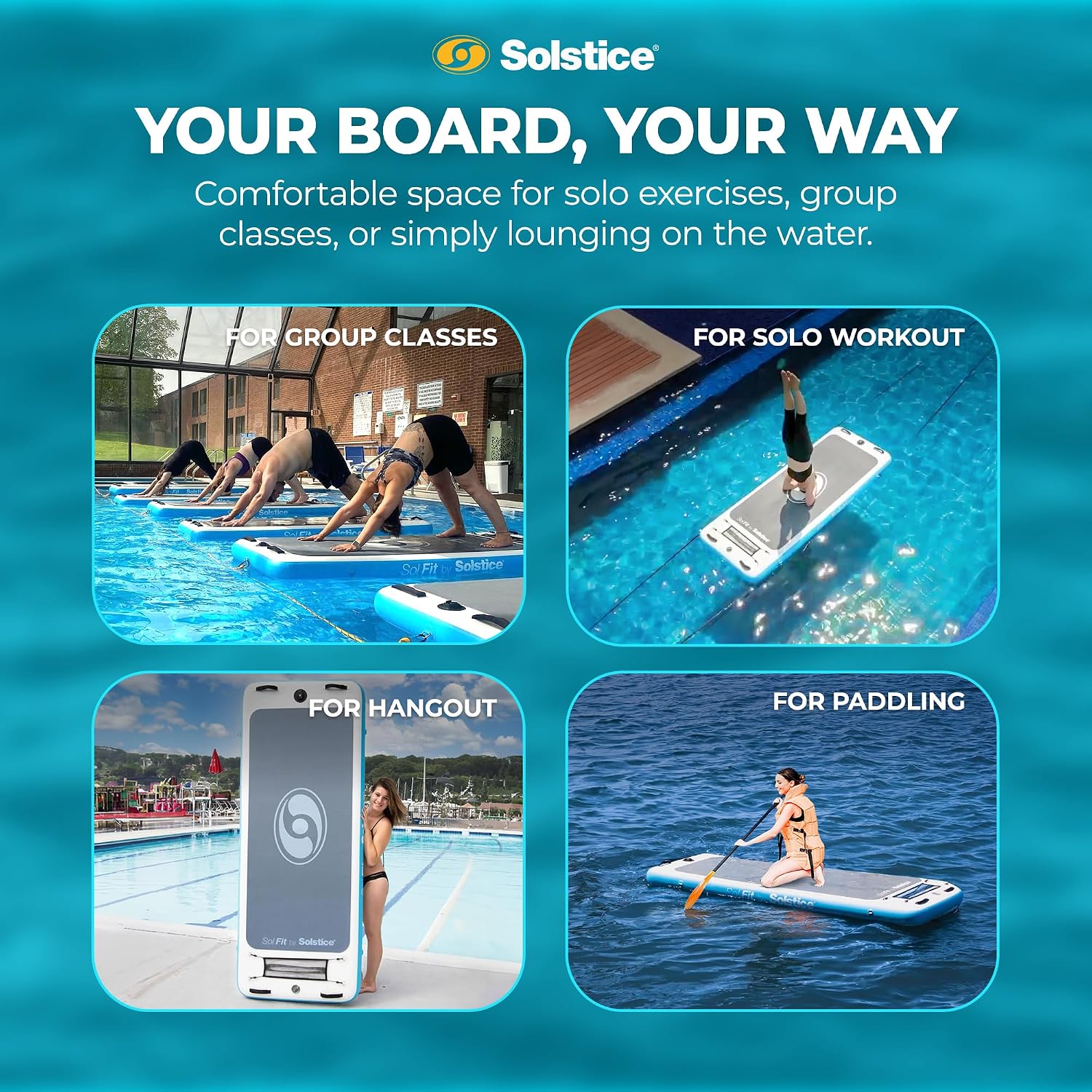 SOLSTICE Sol Fit Inflatable Stand-Up Paddleboard & Aquatic Fitness Mat with 7'10' Non-Slip Traction Pad - Floating Exercise Platform for Yoga, Pilates & Meditation, Includes Pump & Carry Bag