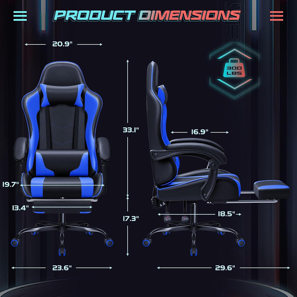 JUMMICO Gaming Chair Ergonomic Computer Chair with Footrest and Massage Lumbar Support, Height Adjustable Video Gaming Chair with 360° Swivel Seat and Headrest (Blue)