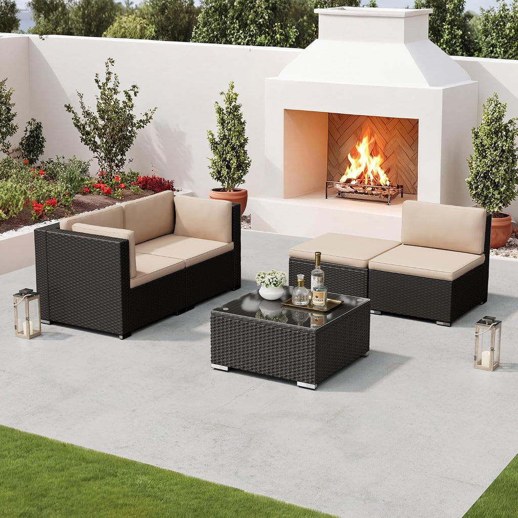 Oakcloud 5-Piece Outdoor Patio Furniture Sofa Set Black Rattan Wicker Sectional Conversation Sets with Glass Top Table and Cushions(Brown)