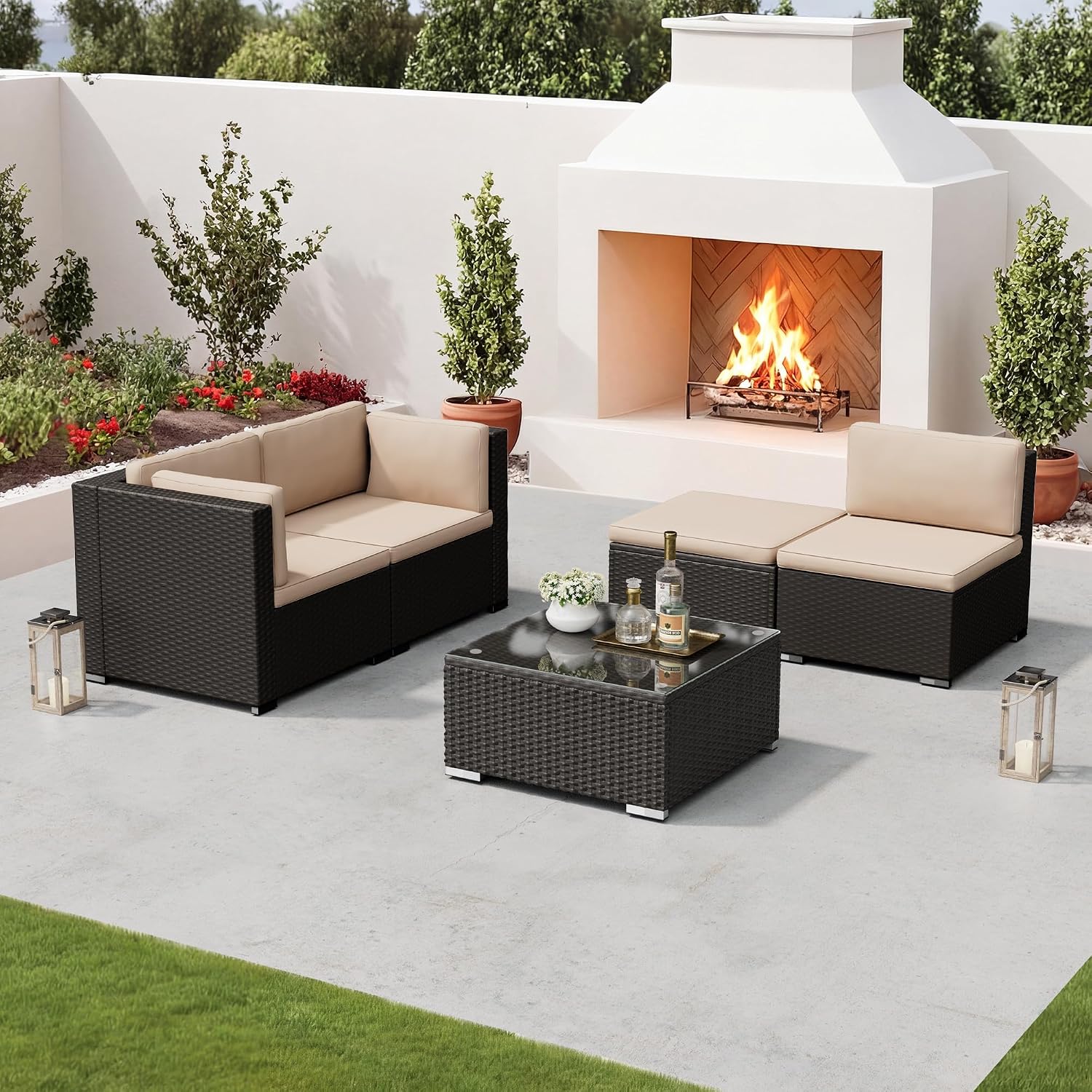 Oakcloud 5-Piece Outdoor Patio Furniture Sofa Set Black Rattan Wicker Sectional Conversation Sets with Glass Top Table and Cushions(Brown)