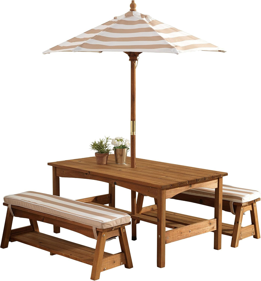 KidKraft Outdoor Wooden Table & Bench Set with Cushions and Umbrella, Kids Backyard Furniture, Espresso with Oatmeal and White Stripe Fabric