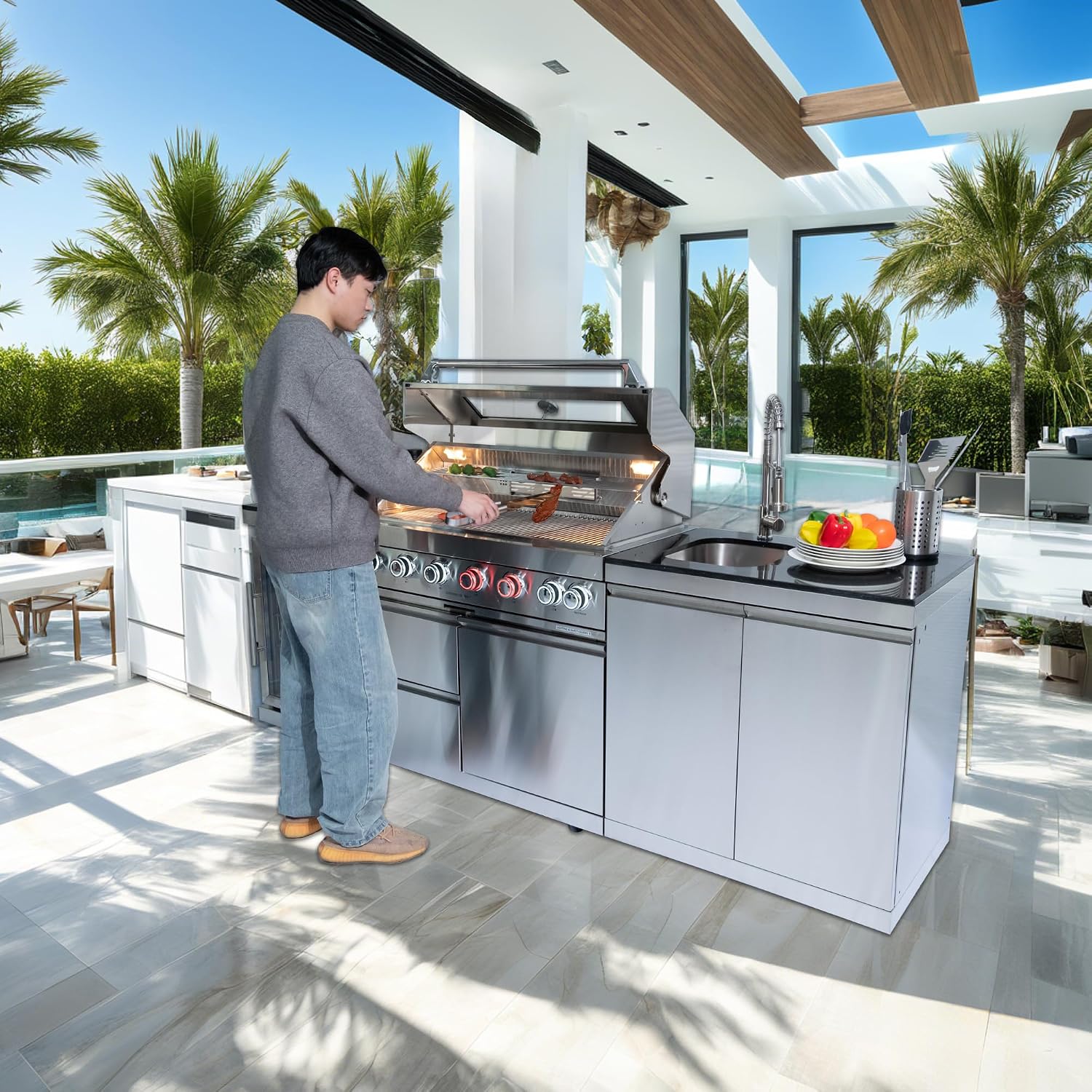 Modular Outdoor Kitchen BBQ Island, 96' Outdoor Kitchen Propane Gas Island Grill with Sink, Compact Refrigerator, Storage Cabinets, Rotisserie Kit (Silver, 96')