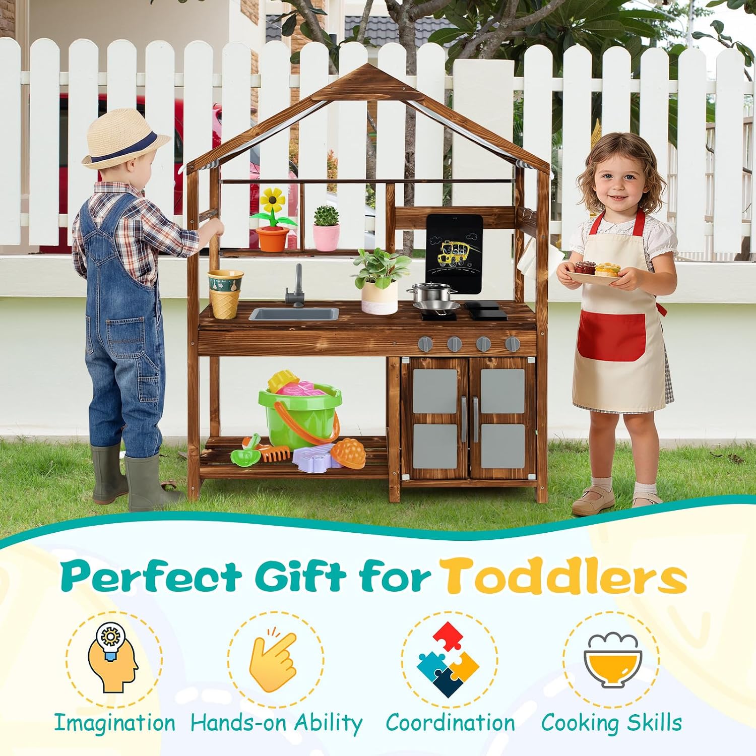 Costzon Mud Kitchen for Kids Outdoor, Wooden Pretend Play Kitchen w/Canopy, Chalkboard, Stove, Removable Sink, Cooking Accessories & Storage, Montessori Toy for Preschool, Backyard, Garden (3+ Years)