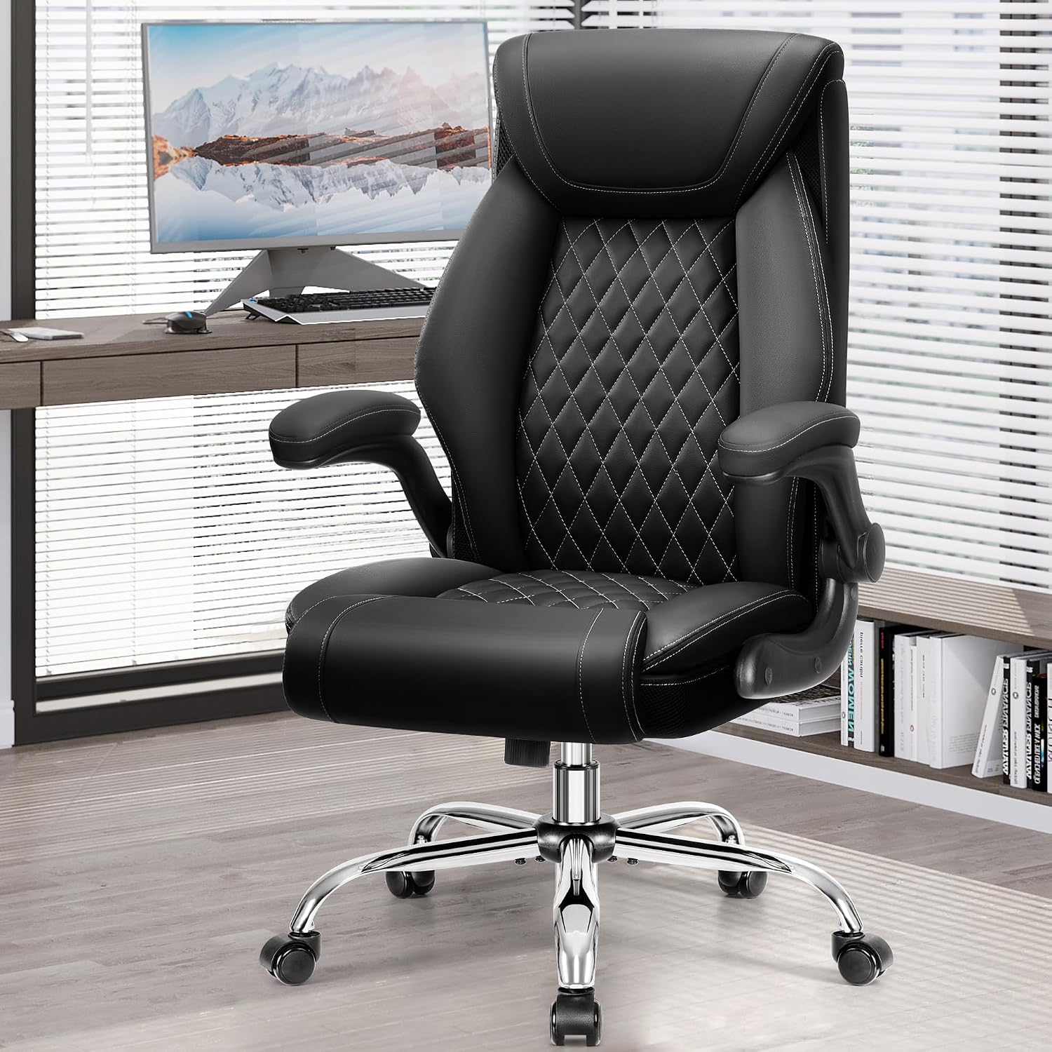 BestGlory Office Chair, Ergonomic High Back Home Office Desk Chair, Big and Tall Breathable Leather Office Chair with Lumbar Support Flip-Up Armrests, Computer Gaming Chair with Rocking Function