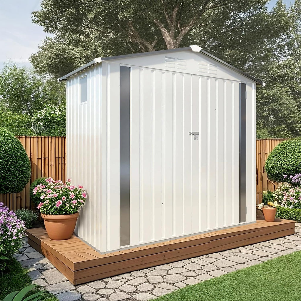 6X3.5FT Metal Storage Shed,Tool Shed with Peaked Roof, Outdoor Storage Shed with Clear Window and Lockable Door, Garden Shed for Garden, Backyard,Patio,Sundries, White (6X3.5FT)