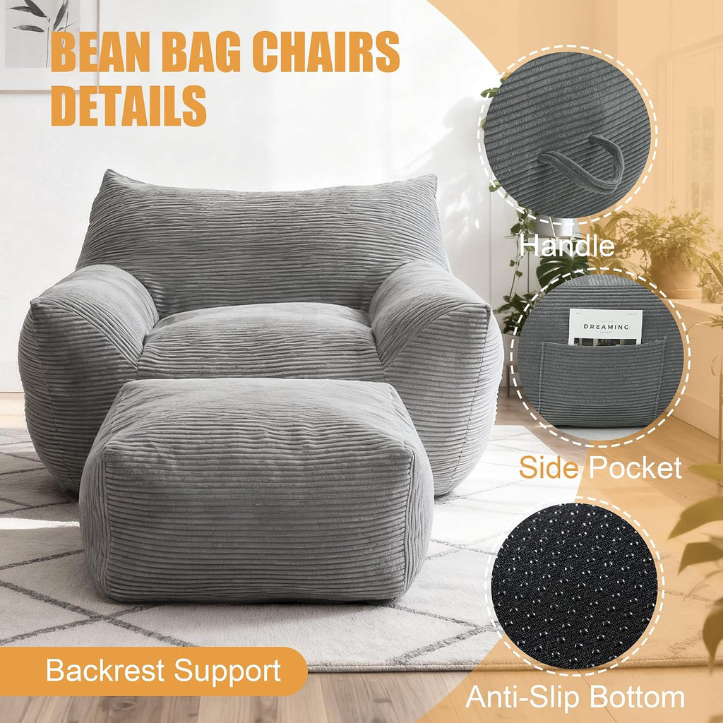 Giant Bean Bag Chair with Ottoman, Comfy Bean Bag Couch with 2 Side Pocket, Corduroy Boneless Couch Chair in a Box, Stuffed Lounge Floor Sofa for Dorm, Bedroom, Living Room, Gray