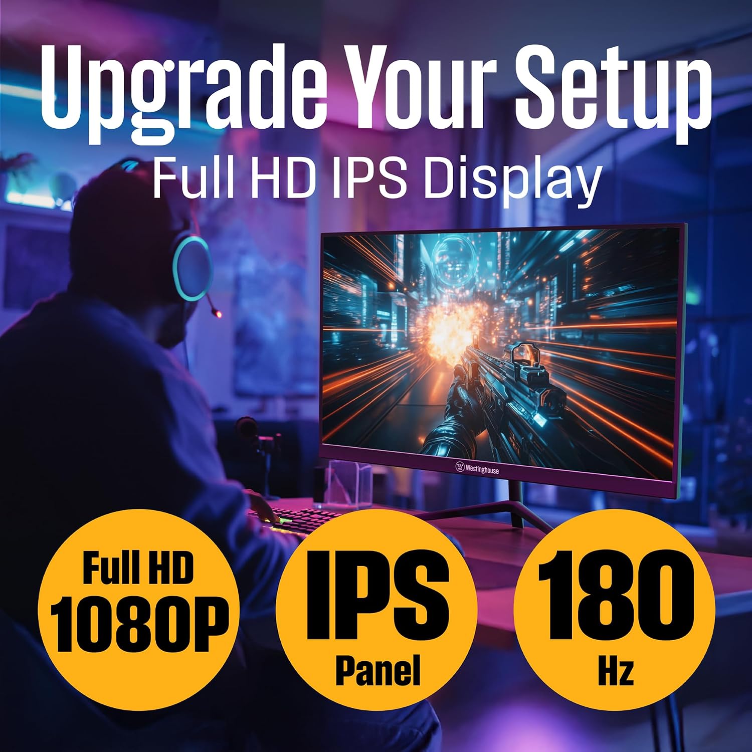 Westinghouse 27 Inch Gaming Monitor, IPS, 180Hz, 1ms, FHD 1080P, 110% sRGB, AMD FreeSync, Eyecare, Computer Monitor for Office, PC & Console Games, Built in Speakers, DisplayPort, HDMIx2/Gaming Mode