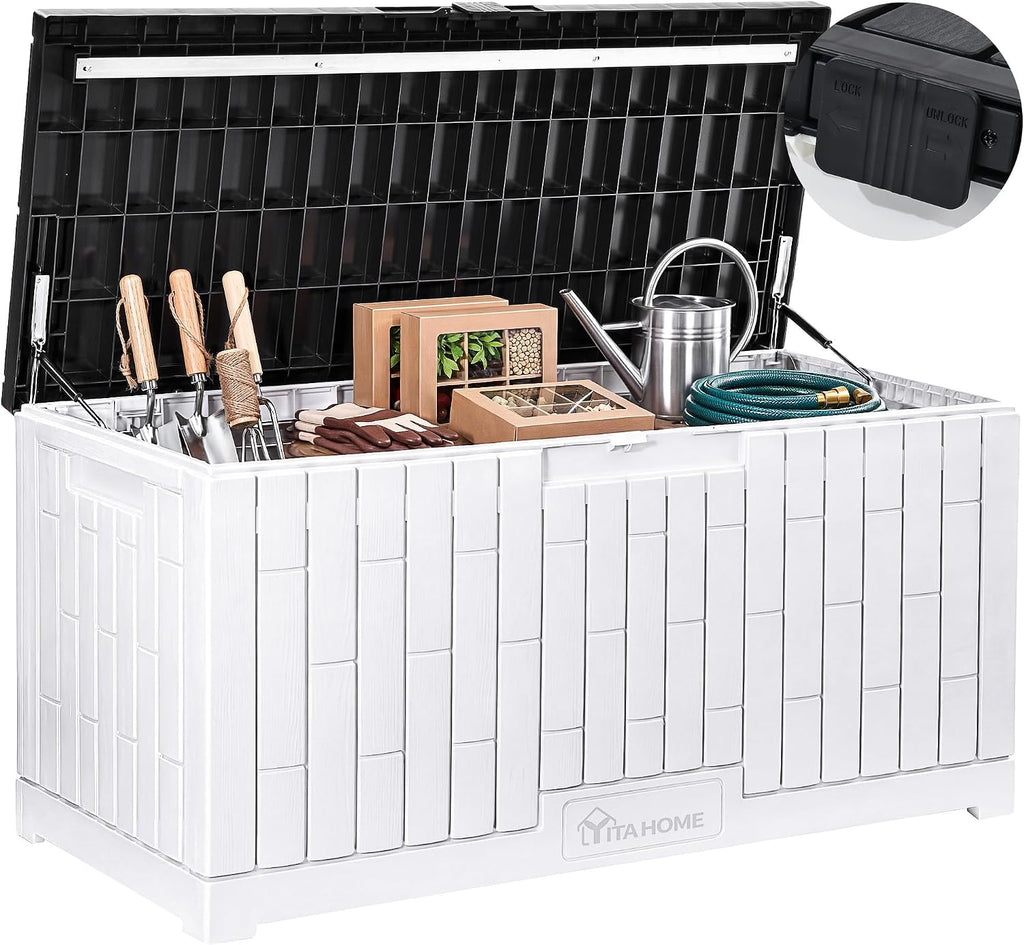 YITAHOME 120 Gallon Outdoor Storage Deck Box, Large Resin Patio Storage with Slide-Locking Black Lid, 2-Person Bench Seat for Outdoor Pillows, Garden Tools & Pool-Supplies, Waterproof, Grayish-White