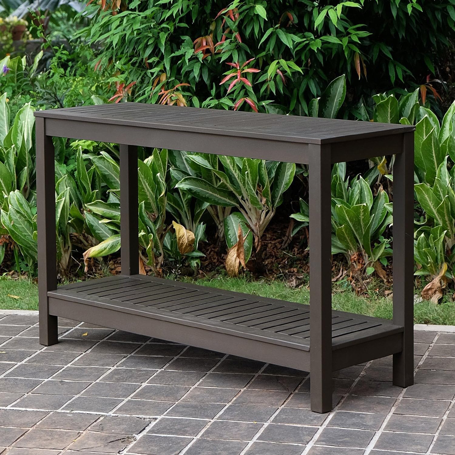 Cambridge Casual Solid Wood Alfresco Outdoor Console Table – Dark Brown Finish – Durable and Stylish Accent Plant Table for Patio, Deck, Porch, Garden, and Outdoor Spaces