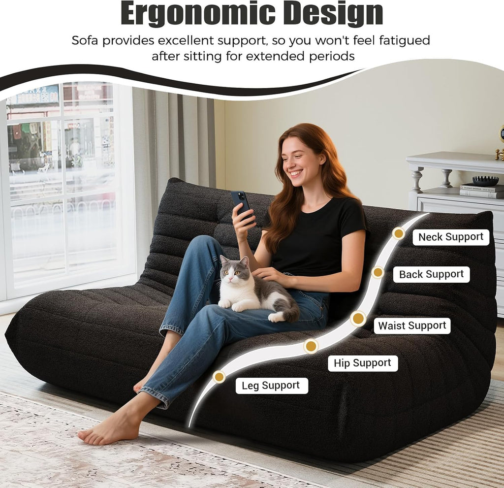 3 Seat Oversized Bean Bag Chairs for Adults, Memory Foam Fireside Beanbag Couch, Comfy Bean Bag Lounger Lazy Sofa for Living Room, Bedroom, Playroom, Black